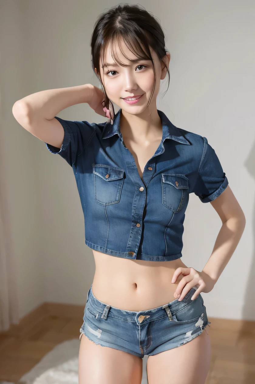 The beauty of 8K raw photos:2.0, short hair, 18 years old, great face and dark eyes, looking at the viewer, smile full of joy:1.6, show your teeth, wet hair, stand with hands on hips, spread leg, tiny top, (orange tops, denim shorts:1.2), shinny skin, realistic:1.9, very detailed, High resolution RAW color photos, professional photos, (wet body :1.2), Taken at the studio, plain wallpaper, girl sexy portrait