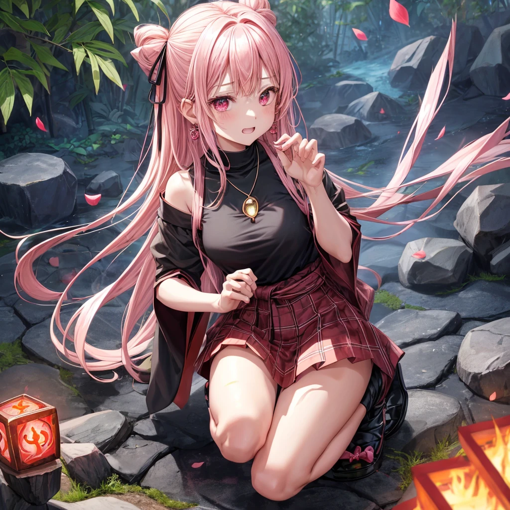 pink black blonde、red eyes、one good looking girl、solo、anime、plaid mini skirt、black camisole、black t-shirt、kimono、wearing a ribbon、ribbon at waist、stone slabs are piled up、crystal earrings、jewelry necklace、Light and shadow、walking、clock、universe、vine plant、petal、tilting one&#39;s face、teeth are visible、fire spirit、book of magic、Cube、bamboo forest、lava、Plum blossom、squatting down