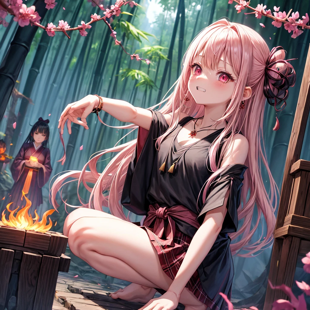 pink black blonde、red eyes、one good looking girl、solo、anime、plaid mini skirt、black camisole、black t-shirt、kimono、wearing a ribbon、ribbon at waist、stone slabs are piled up、crystal earrings、jewelry necklace、Light and shadow、walking、clock、universe、vine plant、petal、tilting one's face、teeth are visible、fire spirit、book of magic、Cube、bamboo forest、lava、Plum blossom、squatting down