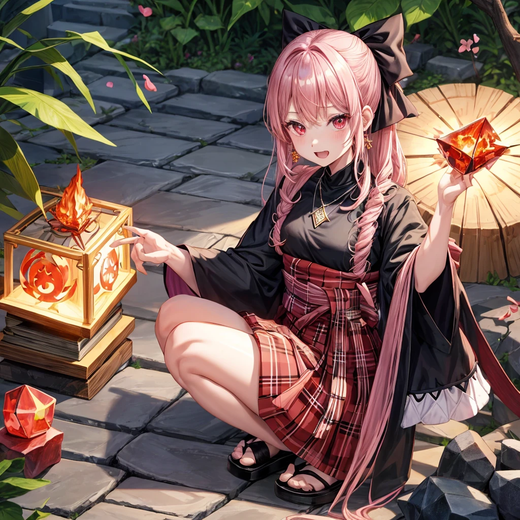 pink black blonde、red eyes、one good looking girl、solo、anime、plaid mini skirt、black camisole、black t-shirt、kimono、wearing a ribbon、ribbon at waist、stone slabs are piled up、crystal earrings、jewelry necklace、Light and shadow、clock、universe、vine plant、petal、tilting one's face、teeth are visible、fire spirit、book of magic、Cube、bamboo forest、lava、Plum blossom、squatting down