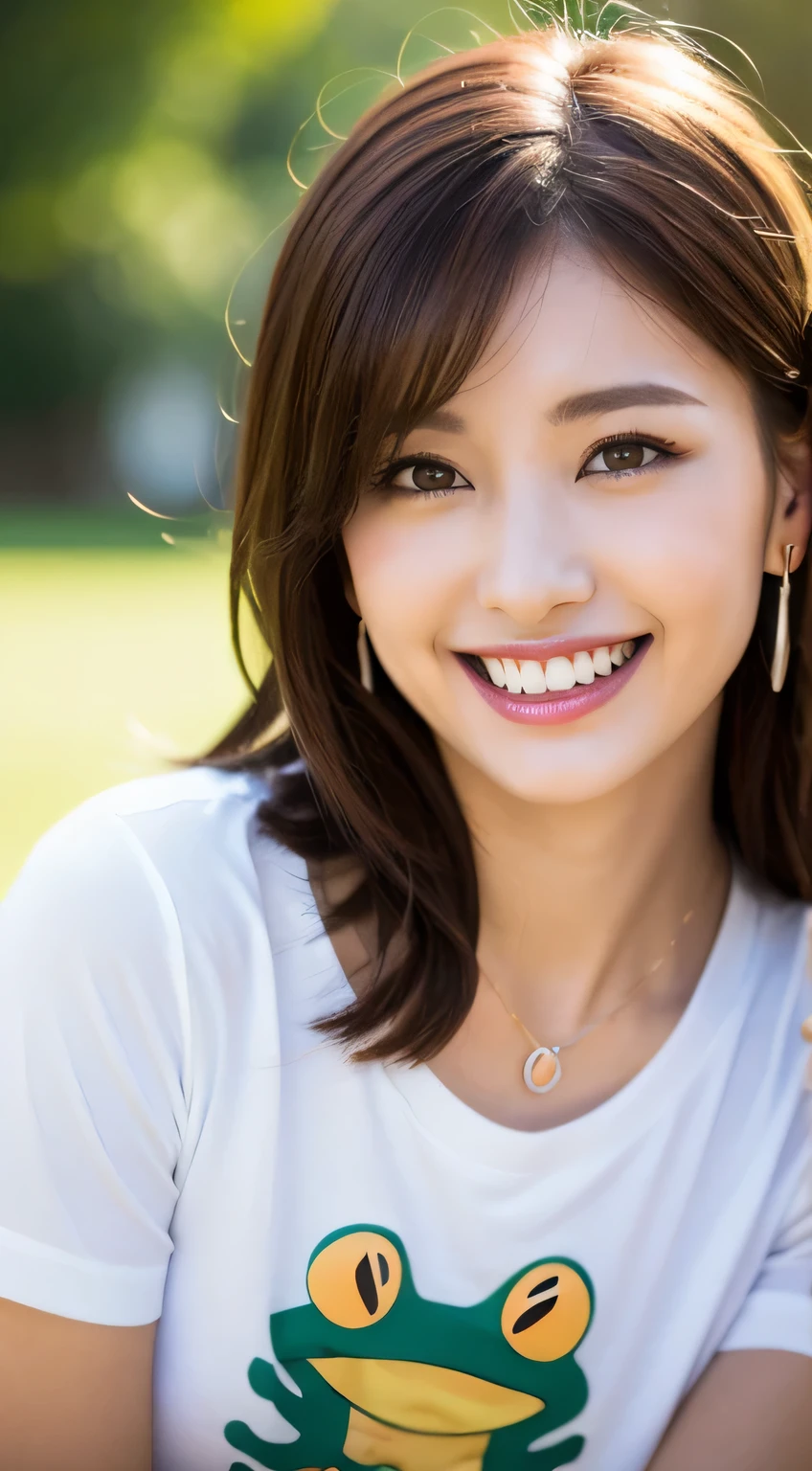 (8K, Raw photo, highest quality, High resolution: 1.1), (hyperrealistic: 1.4), (realistic, photorealistic: 1.3), 30 years old, soft light, cleavage, girl, realistic face, realistic body, realistic skin, confused, masterpiece, (cute: 1.8), cuties, alone, (big: 1.2), fine black eyes, innocent eyes, blush, (T-shirt(1.2), cinema light, film grain, jewelry, earrings, (floating hair nova frog style)), cherry color lip, hair ribbon, hair ribbon, ponytail, close, show viewer, Upper body, open lips, upper teeth, (smileの目: 0.6), ((grin and laugh: 1.2)), written boundary depth, blurred background, focus of the eye, Bokeh, young, 85mm lens, f/1.4, professional lighting, young, portrait, photon mapping,necklace around neck、dark eyeliner、look at the camera、smile、beautiful teeth