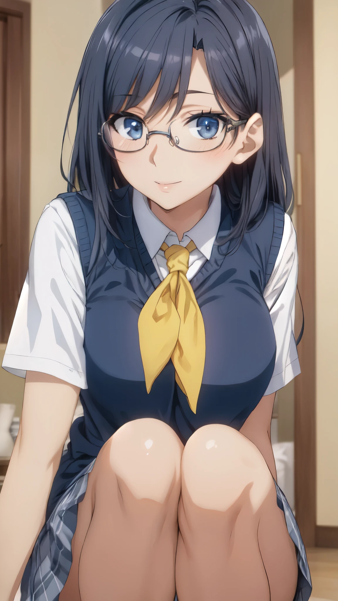 (masterpiece, highest quality, High resolution),(beautiful face:1.2), morning, anime,semi-long, (black hair, blue eyes, Glasses,:1.3) ,(bright yellow neckerchief:1.2),(vivid color,bright light),collared shirt, sweater vest,large breasts,(Blue Vest:1.2), short sleeve, armband, plaid skirt, gray skirt, indoors, sitting, smile, open your mouth a little, Thigh,