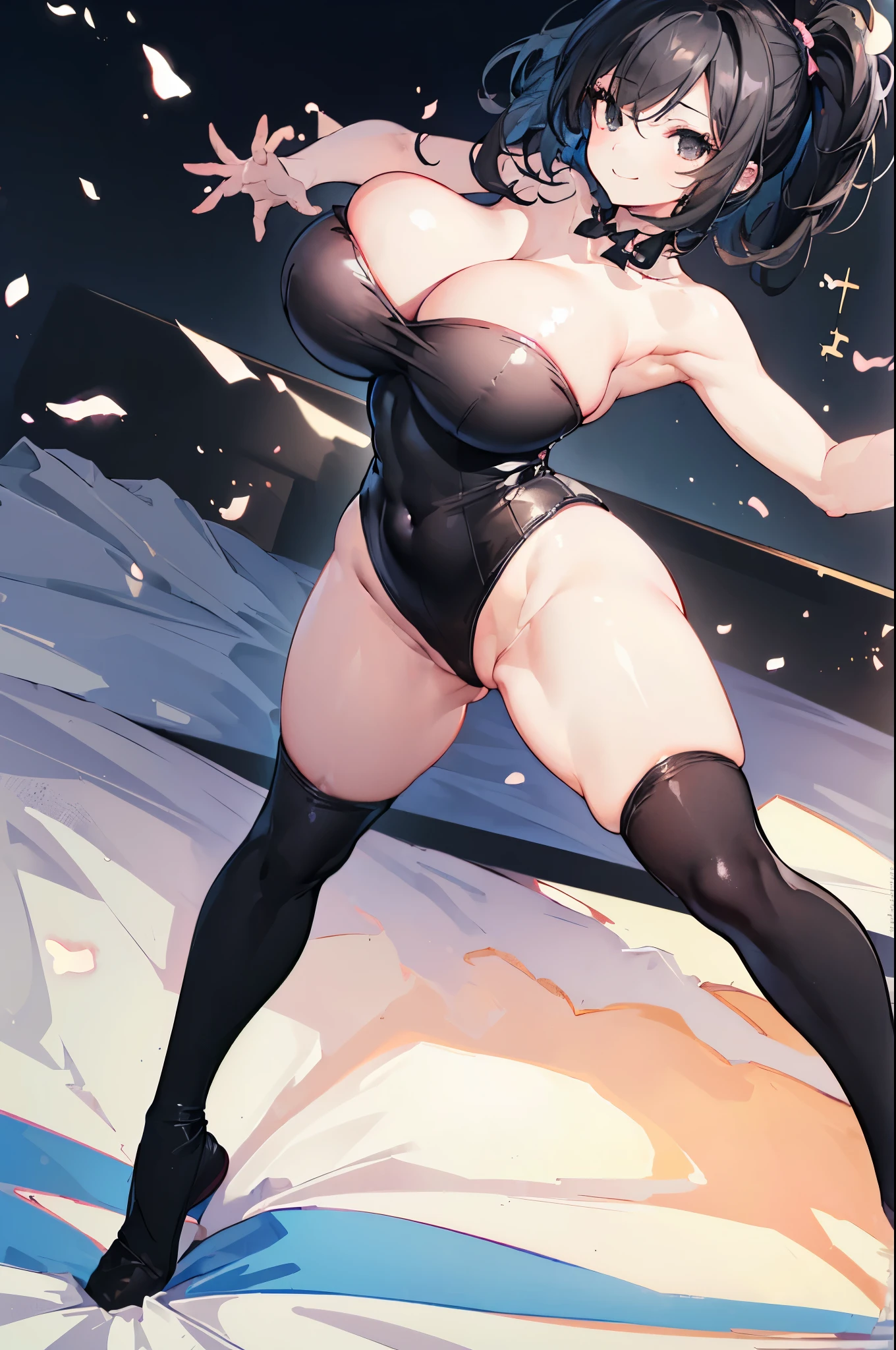 (1girl:1.5),(On your back:1.5),(on your back:1.5),(on the bed:2.0),(Smile Beam:1.5),(full body:1.5),((huge breasts:2.0)),(huge saggy breasts:1.5), cleavage,((strapless:2.0)),((leotard:2.0)),((High leg:1.5), 20 years old,masterpiece,hyper quality, very detailed,perfect picture,3D,8k,High resolution,seductive anime girl, medium hair:1.3,black hair,(black eye:1.5),sporty hairstyle,Smooth anime CG art,
