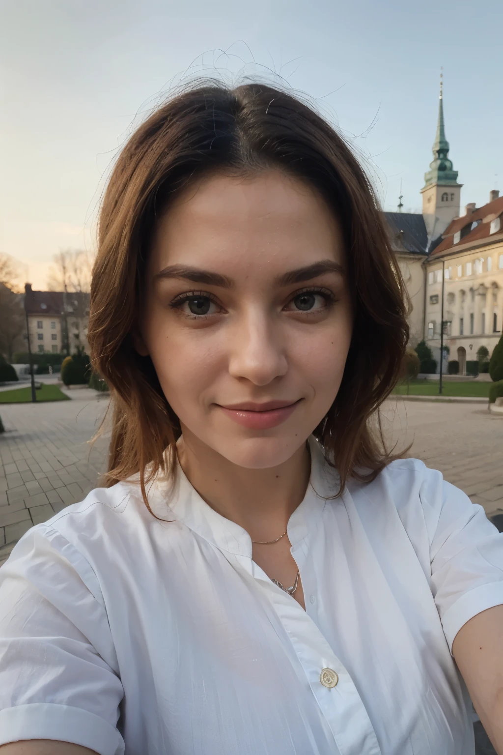 ((best quality)), ((masterpiece)), (detailed), perfect face, woman, realistic, smiled, selfie, warsaw palace of culture in the background