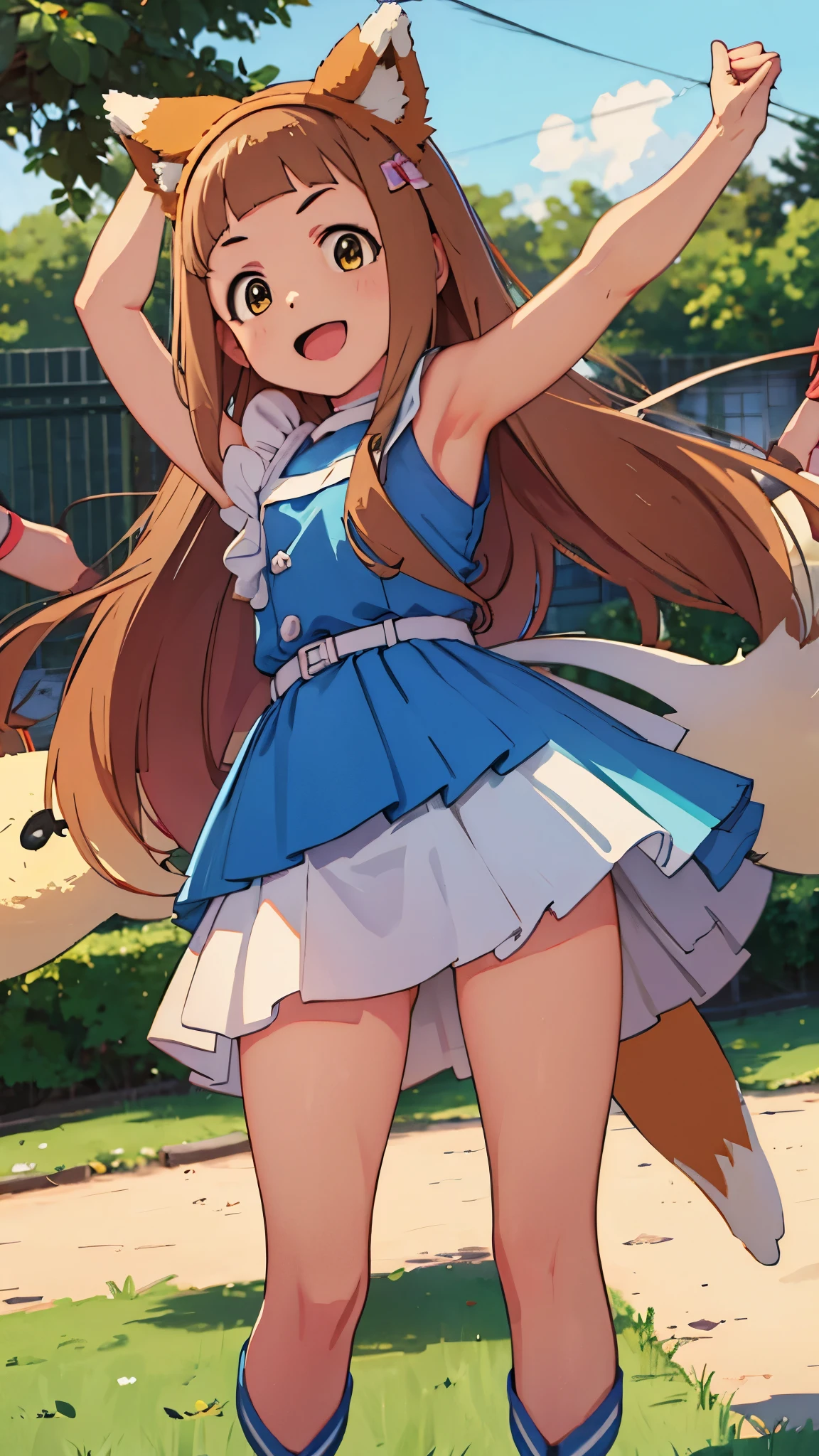 nsfw:1.2), perfectly balanced anatomy, perfect anatomy, cute illust, cute face, A girl whose armpits smell bad。An angle that looks like you&#39;re looking up from below., ichihara nina, smile, what does the fox say