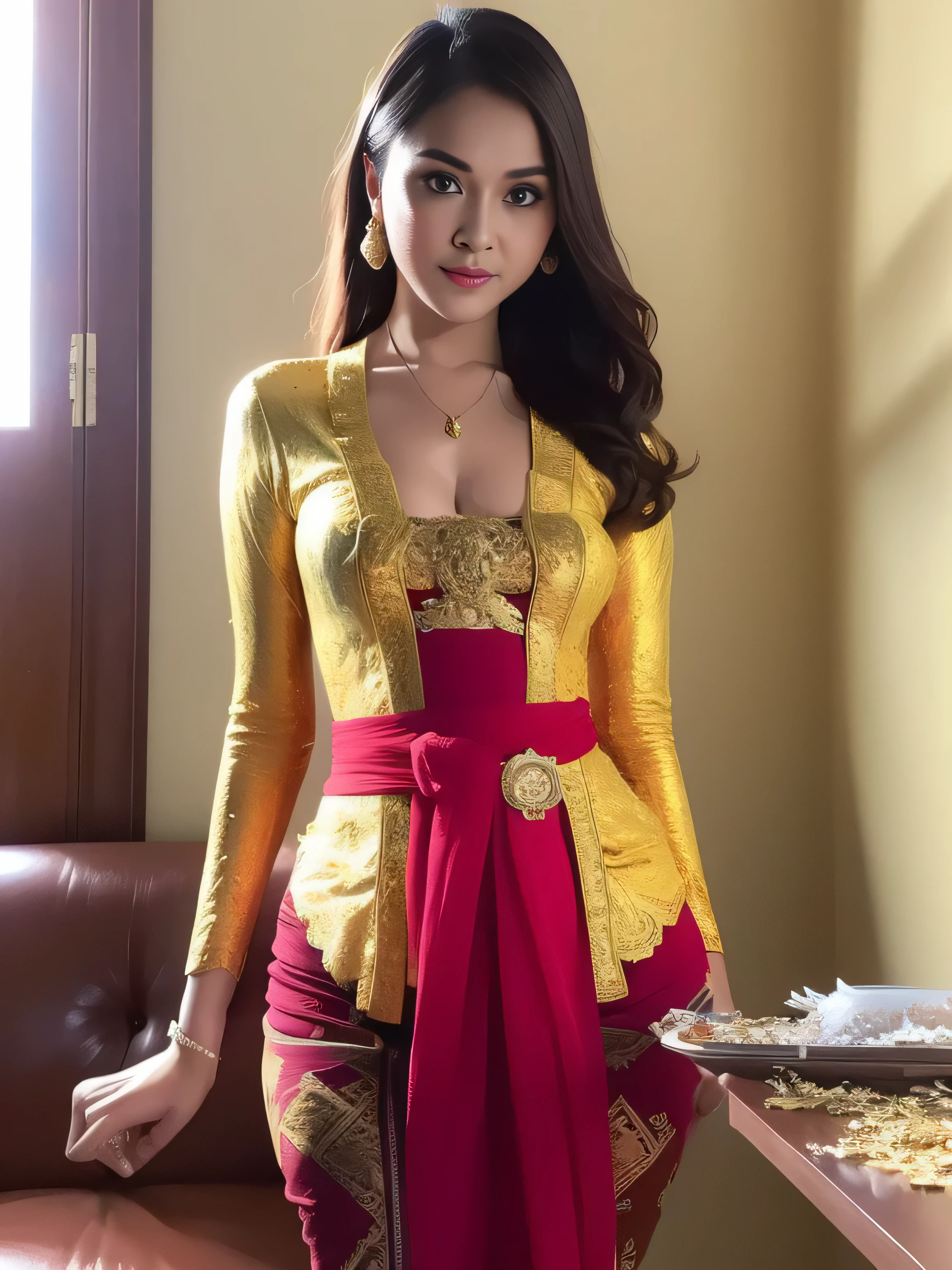 8k portrait of beautiful cyborg with brown hair, intricate, elegant, highly detailed, majestic, digital photography, art by artgerm and ruan jia and greg rutkowski surreal painting gold, broken glass, (masterpiece, sidelighting, finely detailed beautiful eyes: 1.2), hdr, kebaya_bali, red_kebaya_bali