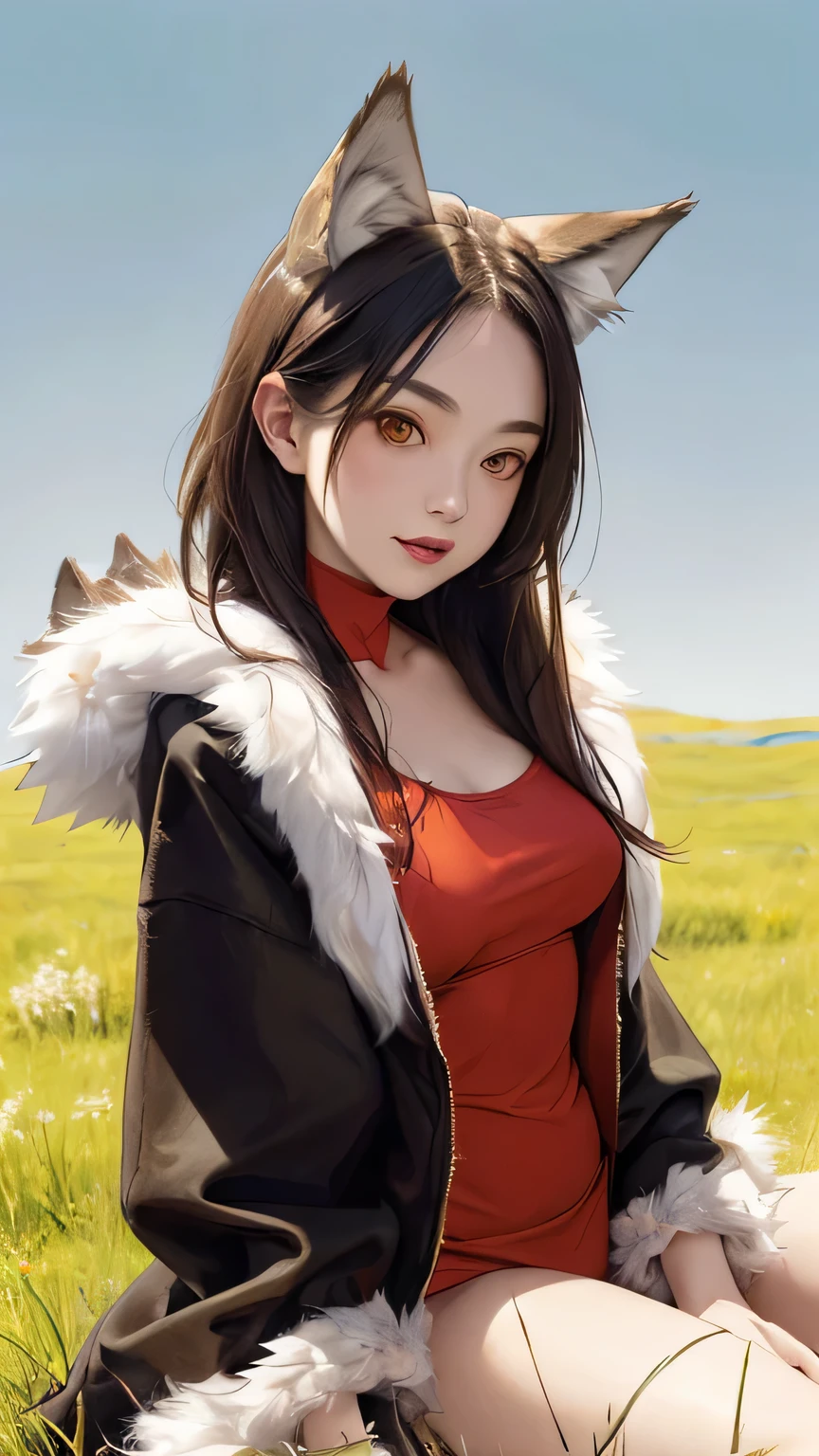 ((highest quality)),(Ultra-high resolution),(Very detailed),(Detailed Description),((The best CG)),(A masterpiece),Ultra-precise art,amazing drawing art,(Art with precise detail:1.5), (Female Model:1.7),(Beautiful and well-proportioned face:1.5),(Big Breasts:1.4),Tattoo:1.6,(coat with fur:1.6),(Knee-high boots:1.6),smile:1.4,