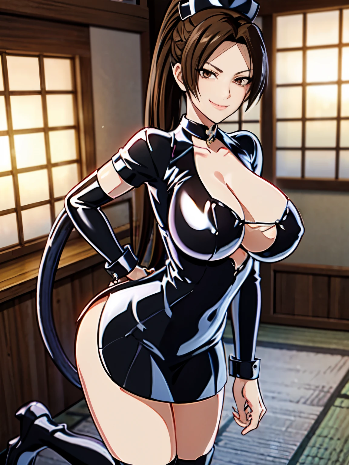 女性1 person、super detailed photos, Full body photo image、(((black shiny latex mini nurse suit)))、(from below:1.3)、 brown hair, brown eyes, long and high ponytail, hair band,  1 person、25 years old, japanese mature, beautiful fingers, beautiful long legs, beautiful body, beautiful nose, beautiful character design, perfect eyes, perfect face, jewelry, See-through, looking at the viewer, hair ornaments,  choker, shy, (smug:1.6)、king of fighters,(((Has a black super long whip:1.5)))、
(table top, highest qualityの, highest quality, beautiful and aesthetic: 1.2), very detailed, more detailed,proper body proportions,table top,Ultra high quality output image,High resolution,intricate details,very delicate and beautiful hair,realistic pictures,dream-like,professional lighting,realistic shadow,focus only,sexy pose,
(big breasts:1.2,) , floating skirt,
Stiletto knee high long boots、anime one、from below、(((depiction of prison)))、(((close your mouth)))