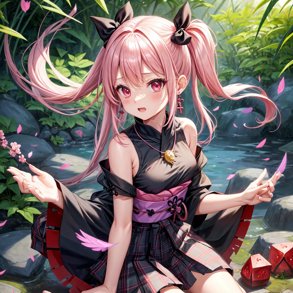 pink black blonde、red eyes、one good looking girl、solo、anime、plaid mini skirt、black camisole、black t-shirt、kimono、wearing a ribbon、ribbon at waist、stone slabs are piled up、crystal earrings、jewelry necklace、Light and shadow、walking、clock、universe、vine plant、petal、tilting one&#39;s face、teeth are visible、fire spirit、book of magic、Cube、bamboo forest、lava、Plum blossom、squatting