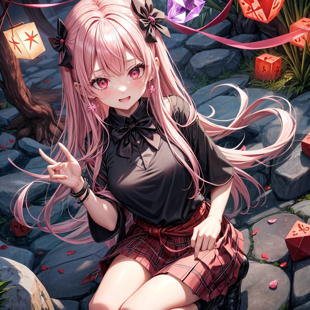 pink black blonde、red eyes、one good looking girl、solo、anime、plaid mini skirt、black camisole、black t-shirt、kimono、wearing a ribbon、ribbon at waist、stone slabs are piled up、crystal earrings、jewelry necklace、Light and shadow、walking、clock、universe、vine plant、petal、tilting one's face、teeth are visible、fire spirit、book of magic、Cube、bamboo forest、lava、Plum blossom、squatting