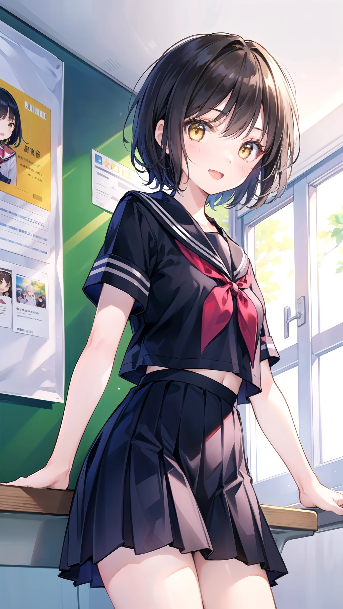 (masterpiece)、(highest quality)、(Super detailed)、(beautiful illustrations)、(pretty girl)、1 girl、from below、looking at the camera、black hair、short hair、yellow eyes、Detailed sailor suit、red ribbon、short sleeve、pleated skirt、school classroom、cute smile、Thinly opened mouth、16 years old、