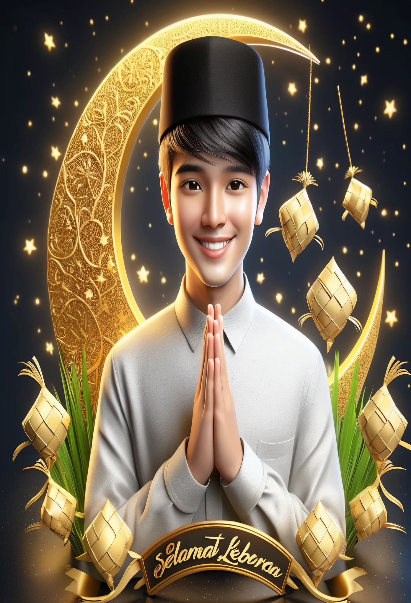Realistic 3D caricature of a young man wearing a black cap, wearing a white shirt with Namaskara hands while smiling. Around it there are Indonesia tradisional ketupat. The golden crescent moon background, stars everywhere, Turkish lights, is artistic and beautiful and detailed. Underneath the young man there was gold 3D writing "SELAMAT LEBARAN ". Realistic 3D, Ultra HD 8K.