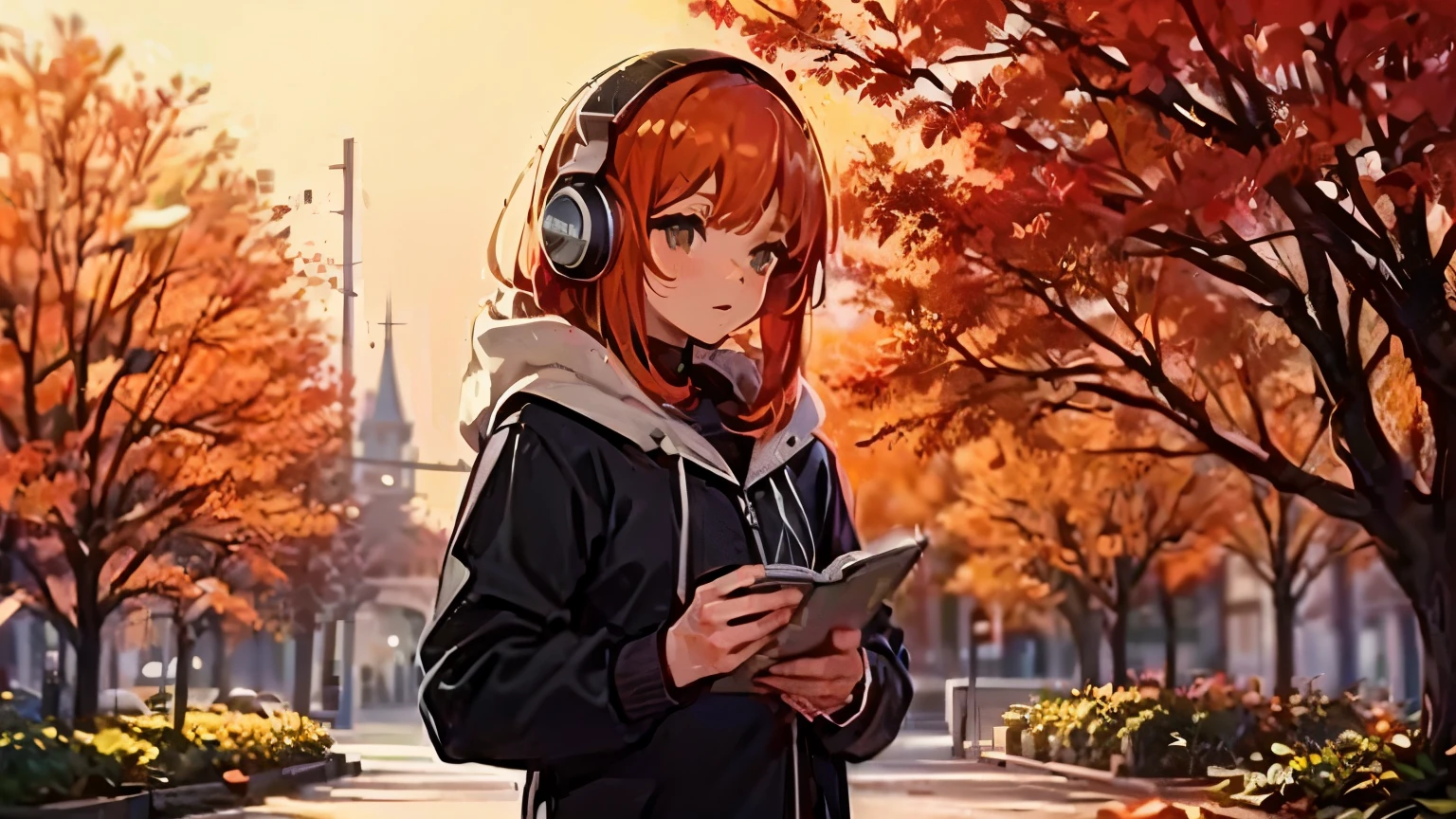 anime, girl, headphones, Book, autumn, leaf, garden, Nightcore, anime lover, anime picture, anime vibes, style anime, anime asthetic, with headphones, (anime girl), anime wallaper, lofi girl, 8K)), an anime girl, aesthetic award winning anime, anime aesthetic, orange - haired anime boy, ; visual novel