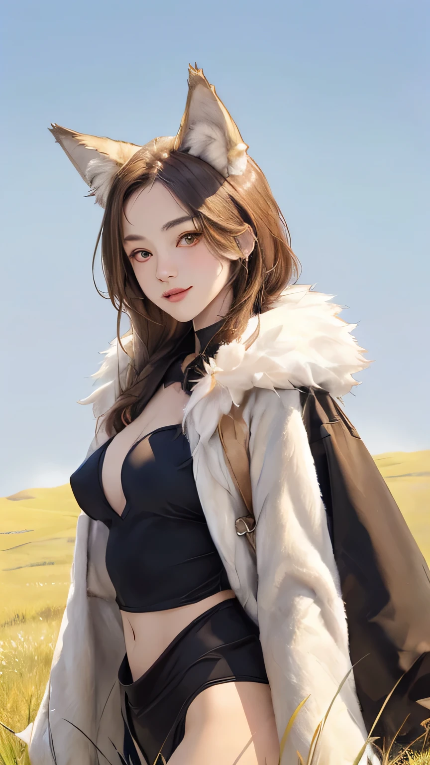 (((masterpiece))),((highest quality)),one beautiful girl,pale, (anthropomorphic wolf character: 1.5), (wolf ears:1.5)、(((sharp eyes 1.5)))、(wolf tail:1.5)、(belly button)、((Fur clothing:1.5)),(private server), (exposure of skin),(The background is grassland:1.5).(((from the front:1.5)))、(straight front: 1.5)、(Lying in the steppe:1.5)