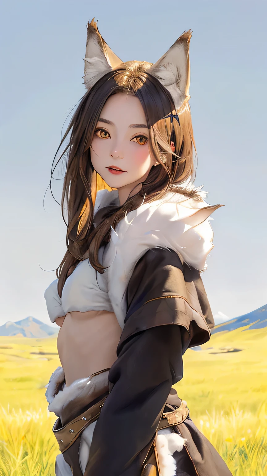 (((masterpiece))),((highest quality)),one beautiful girl,pale, (anthropomorphic wolf character: 1.5), (wolf ears:1.5)、(((sharp eyes 1.5)))、(wolf tail:1.5)、(belly button)、((Fur clothing:1.5)),(private server), (exposure of skin),(The background is grassland:1.5).(((from the front:1.5)))、(straight front: 1.5)、(Lying in the steppe:1.5)