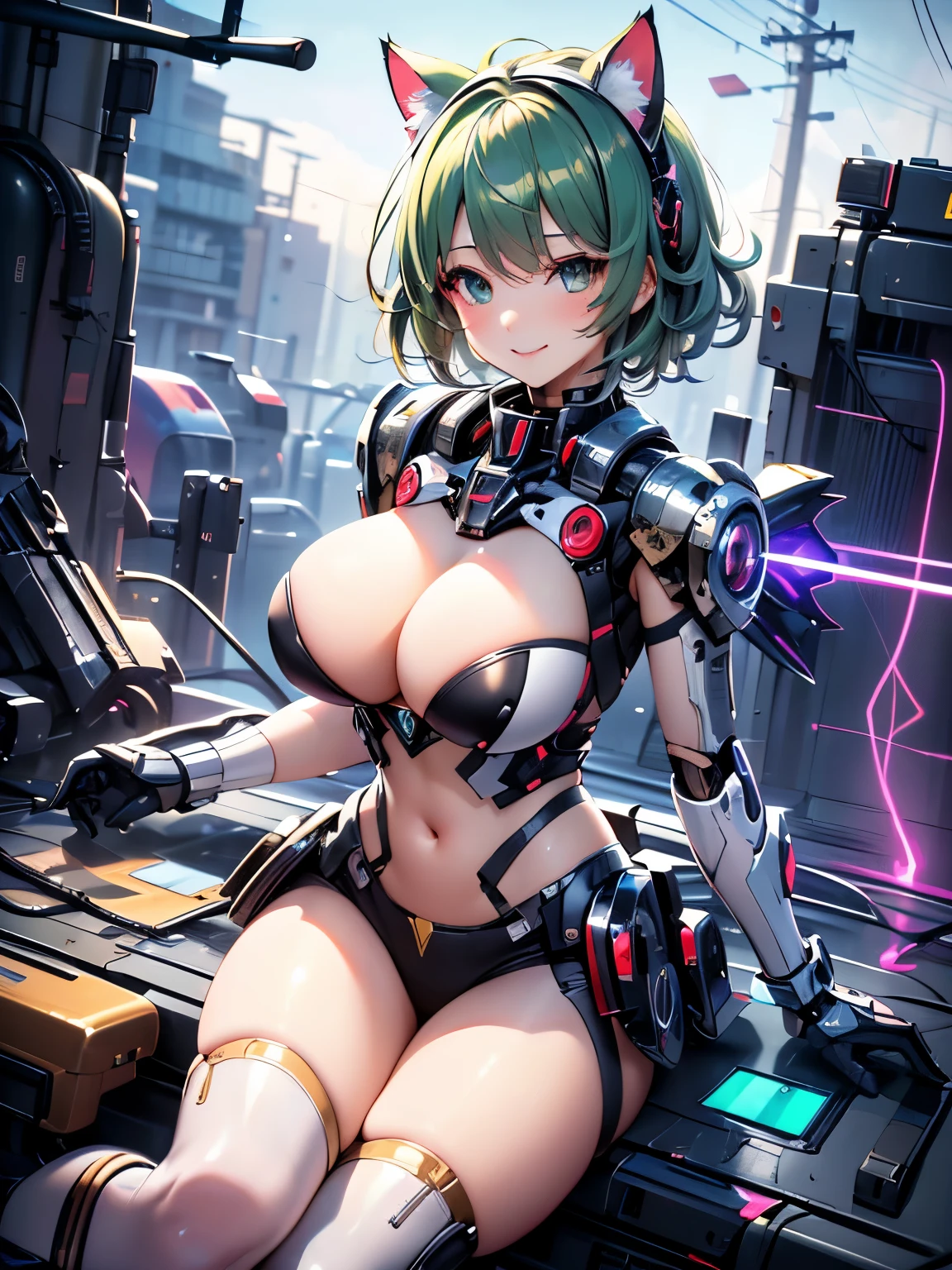 highest quality,wonderful,masterpiece,delicate,ultra high resolution,Super detailed,intricate details,beautiful,8K resolution,(Highly detailed CG Unity 8K wallpaper),sharp focus、anime、fiction、one woman、dark green hair girl 、Metallic colored hair、short hair、Cat ear、big breasts、vivid hair、shaggy hair、messy hair、vivid skin、Glossy skin、  face、lolita、short、cute、beautiful eyes、cool、happiness、Pleasure、smile、Mecha girl、red mecha body、laser gun、thighs、wings like a jet plane、electricity、anchor、Pile bunker