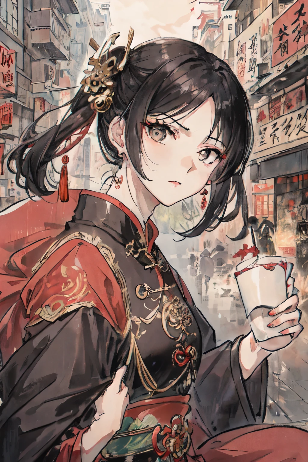 female immortal chinese immortal,An expression of disdain,The background is a modern metropolis