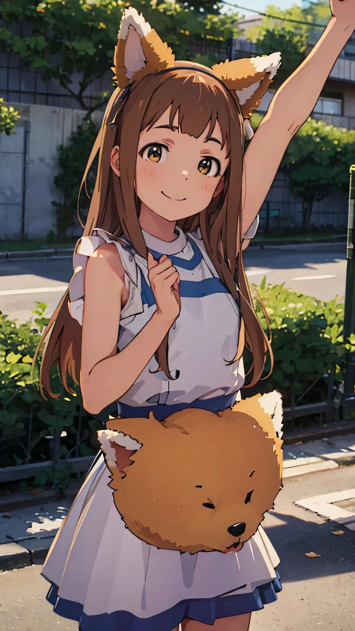 nsfw:1.2), perfectly balanced anatomy, perfect anatomy, cute illust, cute face, A girl whose armpits smell bad。An angle that looks like you&#39;re looking up from below., ichihara nina, smile, what does the fox say