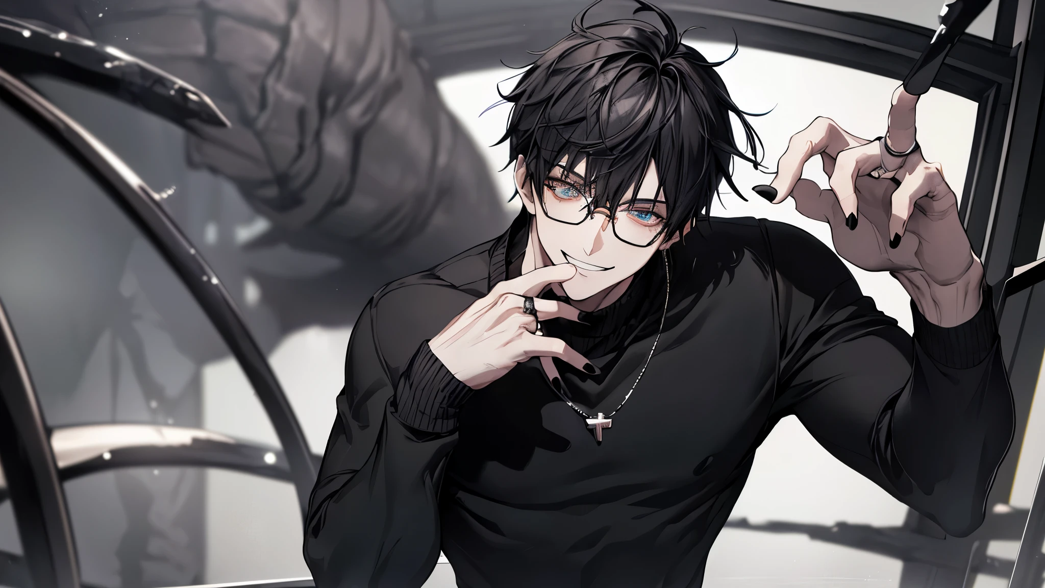 1 guy, black jeans, black sweater, press, rings on fingers, black nails, Glasses, black hair, a little sporty, hand to chest, Glass eyes, Malice, anger, portrait, cinematic lighting, Blur background with chains, Best quality, night city, rain, Dark tones, Wet, Brown eyes, grinning, In chains,