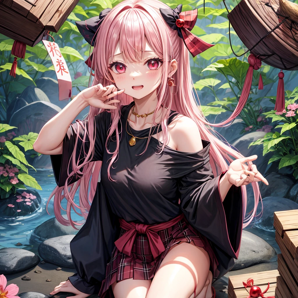 pink black blonde、red eyes、one good looking girl、solo、anime、plaid mini skirt、black camisole、black t-shirt、kimono、wearing a ribbon、ribbon at waist、stone slabs are piled up、crystal earrings、jewelry necklace、Light and shadow、walking、clock、universe、vine plant、petal、tilting one&#39;s face、teeth are visible、fire spirit、book of magic、Cube、bamboo forest、lava、Plum blossom、squatting down