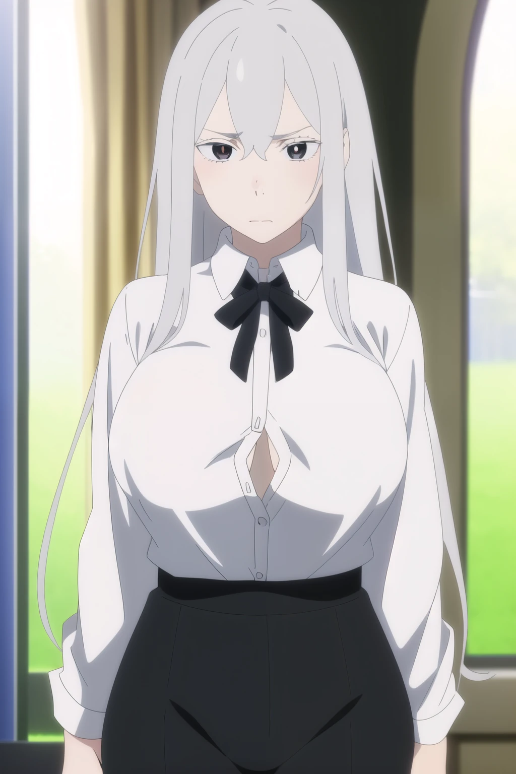 masterpiece, perfect lighting, (beautiful, highest quality:1.3), perfect eyes, disorganized, 8K,
1 girl, alone, (disorganized), finely,gray hair,black eyes, big breasts, long hair, beautiful髪,
delicate lace underwear, His unbuttoned white shirt falls to his shoulders.,
Soft and carefree expression,