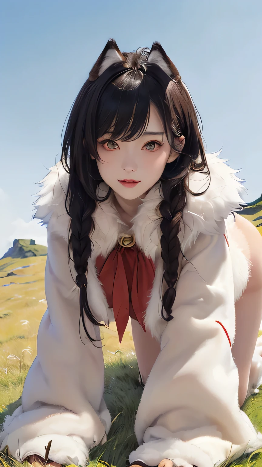 (((masterpiece))),((highest quality)),one beautiful girl,pale, (anthropomorphic wolf character: 1.5), (wolf ears:1.5)、(((sharp eyes 1.5)))、(wolf tail:1.5)、(belly button)、((Fur clothing:1.5)),(private server), (exposure of skin),(The background is grassland:1.5).(((from the front:1.5)))、(straight front: 1.5)、(Crawl on all fours in the grassland:1.5)