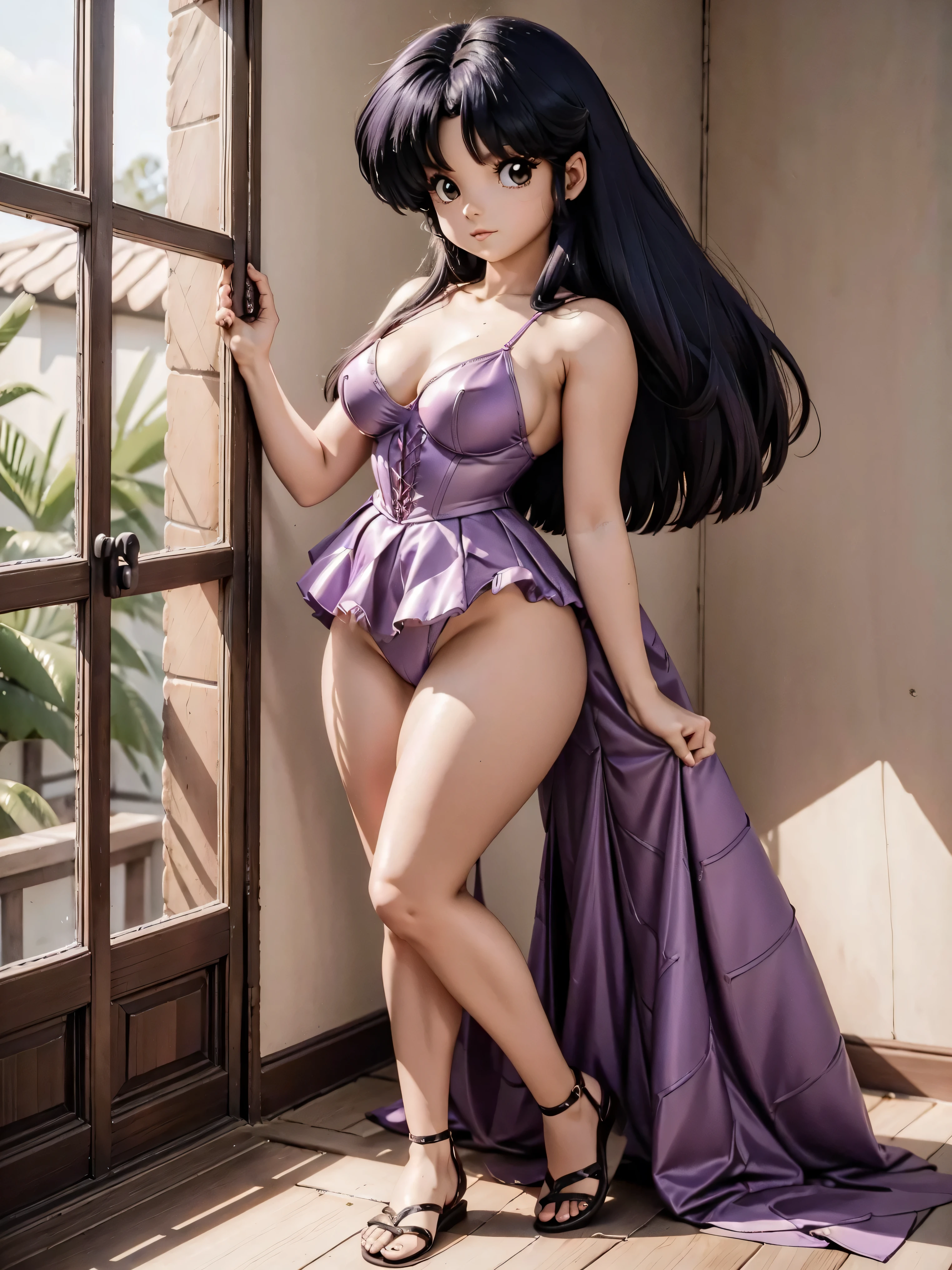 Garota anime de cabelo escuro com saia vestido longo purple meio transparente e espartilho, , corpo bonito, seios grandes, com hand in panties , hand in hair, Garota sensual, purple cabelo, mechas de cabelo laterais, mechas de cabelo na lateral do rosto, beautiful lighting, sombras suaves, olhos azuis, pernas bonitas, cabelo curto, estilo anime, personagem Akane Tendo, Autora Rumiko Takahashi, Baseado em obra de Rumiko Takahashi, Anime Ranma 1/ 2, decote sensual, quadril robusto, corpo inteiro, corpo inteiro, busto grande, garota jovem com corpo belo e bonito, sandals on his feet, garota 16 anos usando saia e corset pink e purple meio transparente, garota anime, estilo anime, beautiful feet in sandals, 45° viewing angle, ao ar livre, peito grande, seios bonitos, cabelo preto, sandals on the feet, pernas bonitas, sensual, belas pernas, Sandalias, seios grandes, corpo completo, corpo inteiro, feet with sandals, anime realista, saia, sarja roxa, personagem realista sensual, postura ereta, ao ar livre, calcinha pink, hand in panties, saia vestido com 50% de opacidade meio translucida, ao ar livre, perfect feet, saia longa vestido