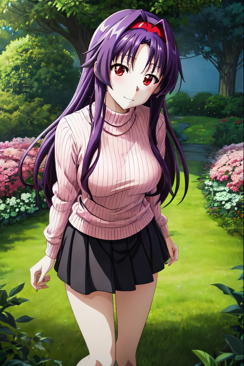 highest quality, High resolution, yuukikonno, (anime illustration:1.3),hair band, long hair, purple hair, (red eyes:1.5),closed mouth、stand on the grass、pink sweater, black skirt, garden、 nature,、stand on the grass、 highly detailed face, perfect lighting, Very detailed CG, (perfect hands, perfect anatomy),