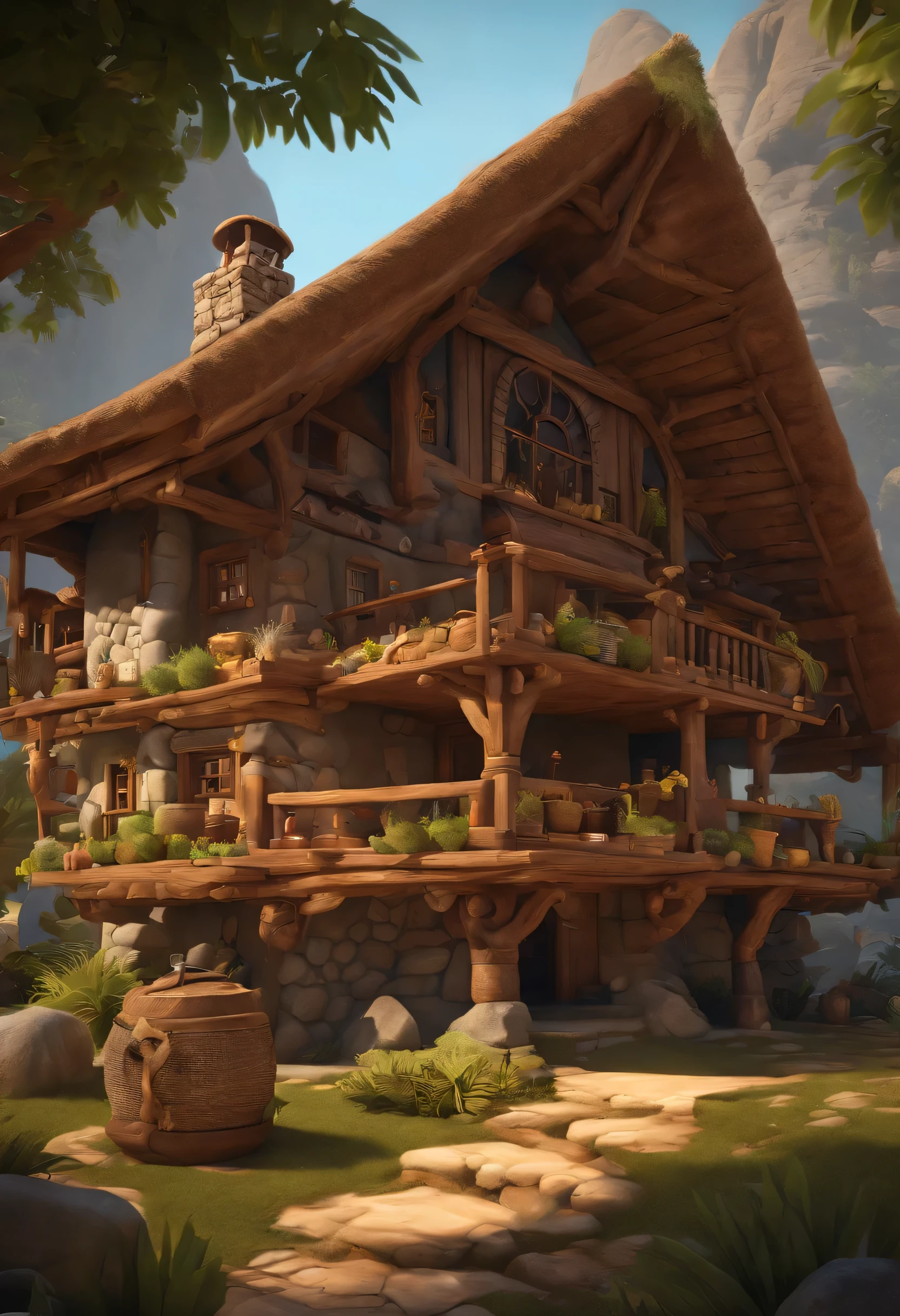 casa isometrica, estilo rpg, caricaturas, dnd, Elegante, mobile game,hombre primitivo,hueso de animal,piedra,madera, suspenso no ar