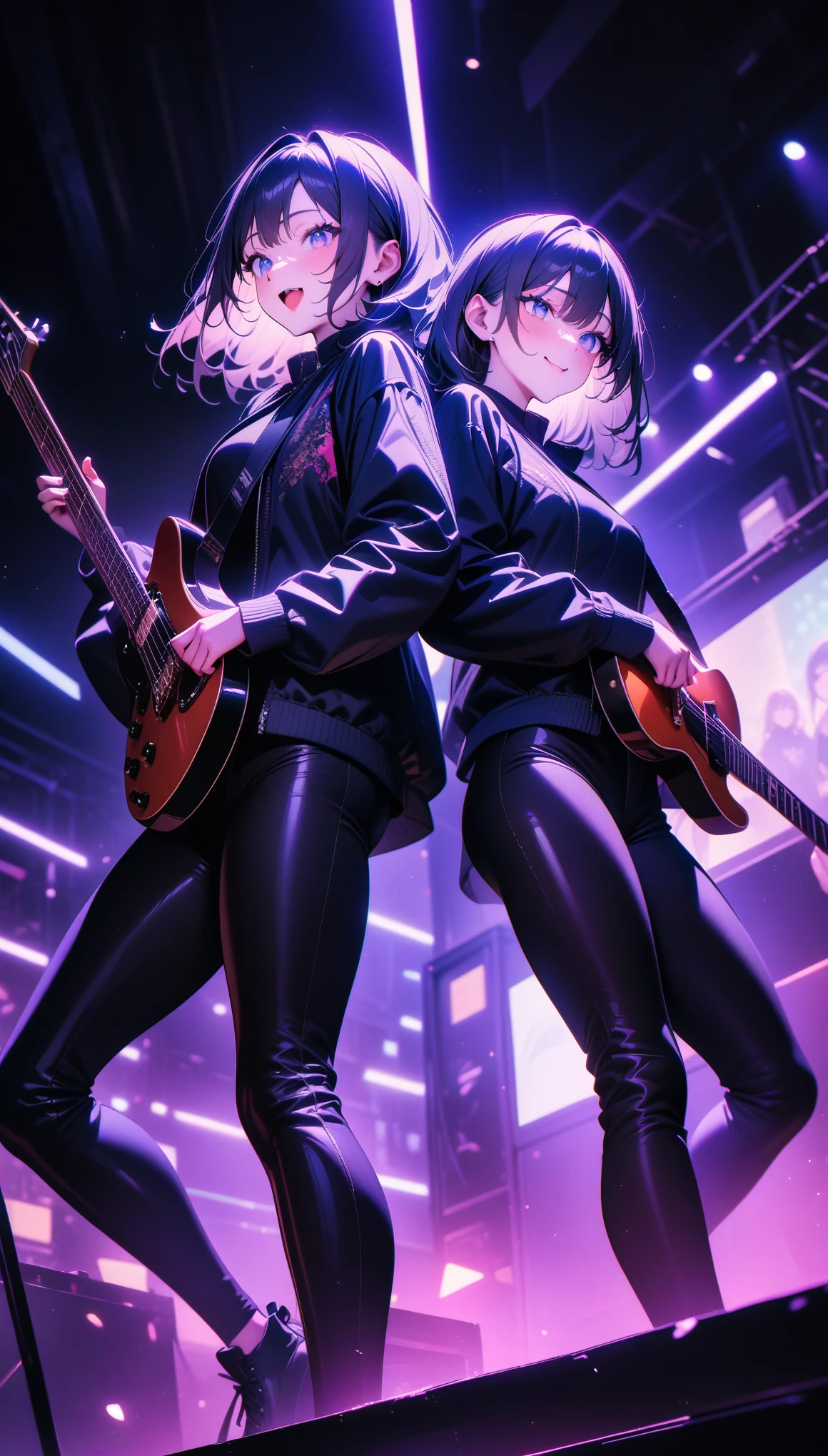 2girls, (back-to-back), playing electric guitar, jacket, tight pants, excited, flexible, cute eyes, black lighting, music stage, blue light, masterpiece, best quality, very aesthetic, newest, safe, absurdres, intricate details, exquisite textures, ultra realistic illustration, (ai-generated:0.6)