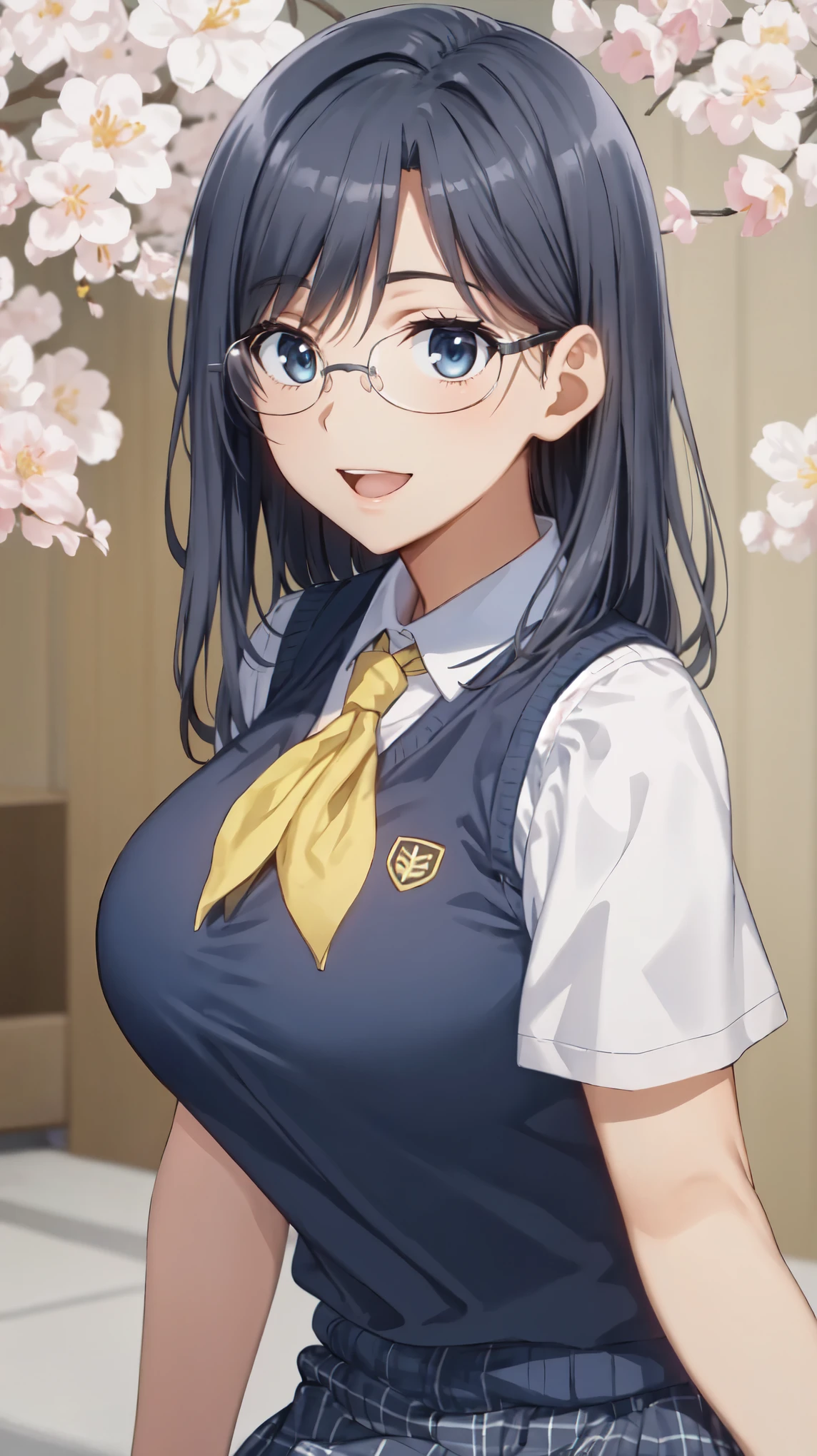 masterpiece, highest quality, High resolution, morning, semi-long, black hair, blue eyes, Glasses, ,bright yellow neckerchief, Bright colors,bright light,(26 years old),collared shirt, sweater vest,big breasts,(Blue Vest:1.2), short sleeve, armband, plaid skirt, gray skirt, (outdoor,Cherry blossom trees in full bloom), Are standing, smile, open your mouth a little, 