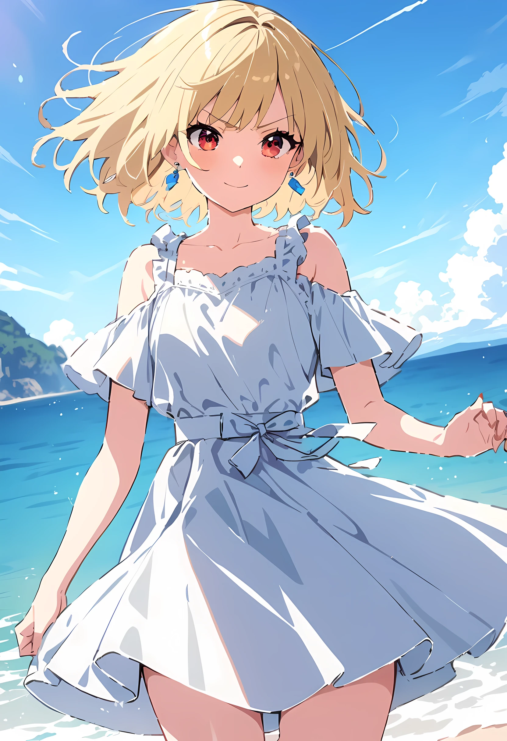 (masterpiece), ((best quality)), (super detailed), ((very delicexiste and beautiful)), (Extremely ridiculous))), (Perfect body))), 1 girl, Glowing white particles, struggle, Keep_sword, Blonde Bob, Red eyes, seventeen, outdoor, Sky, Whole body aura, Big deal, white texisttered dress, bare shoulders, small smile, ocean + background, wind, perfect hands, Hand details, Modify your fingers. earrings, watch_exist_audience, cowboy shots, Rich details, Perfect image quality