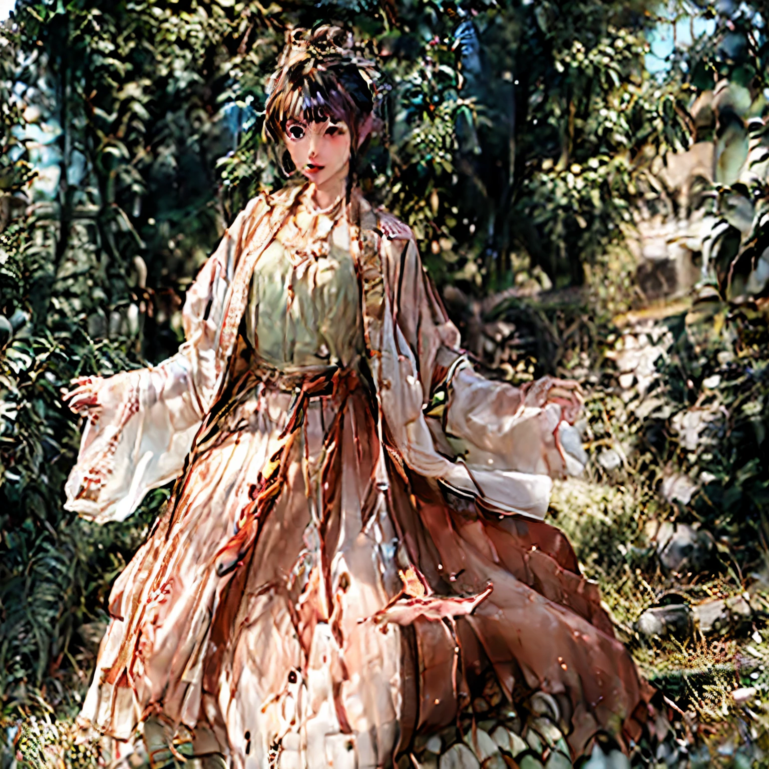 There was a woman in a pink dress standing by the fence, Palace , A girl in Hanfu, Hanfu, White Hanfu, Wearing ancient Chinese clothes, lovely languid princess, summer morning light, with acient chinese clothes, Traditional Chinese clothing, inspired by Chen Yifei, Femme, Inspired by Tang Yifen, Rococo dress, author:Wen Zhenheng