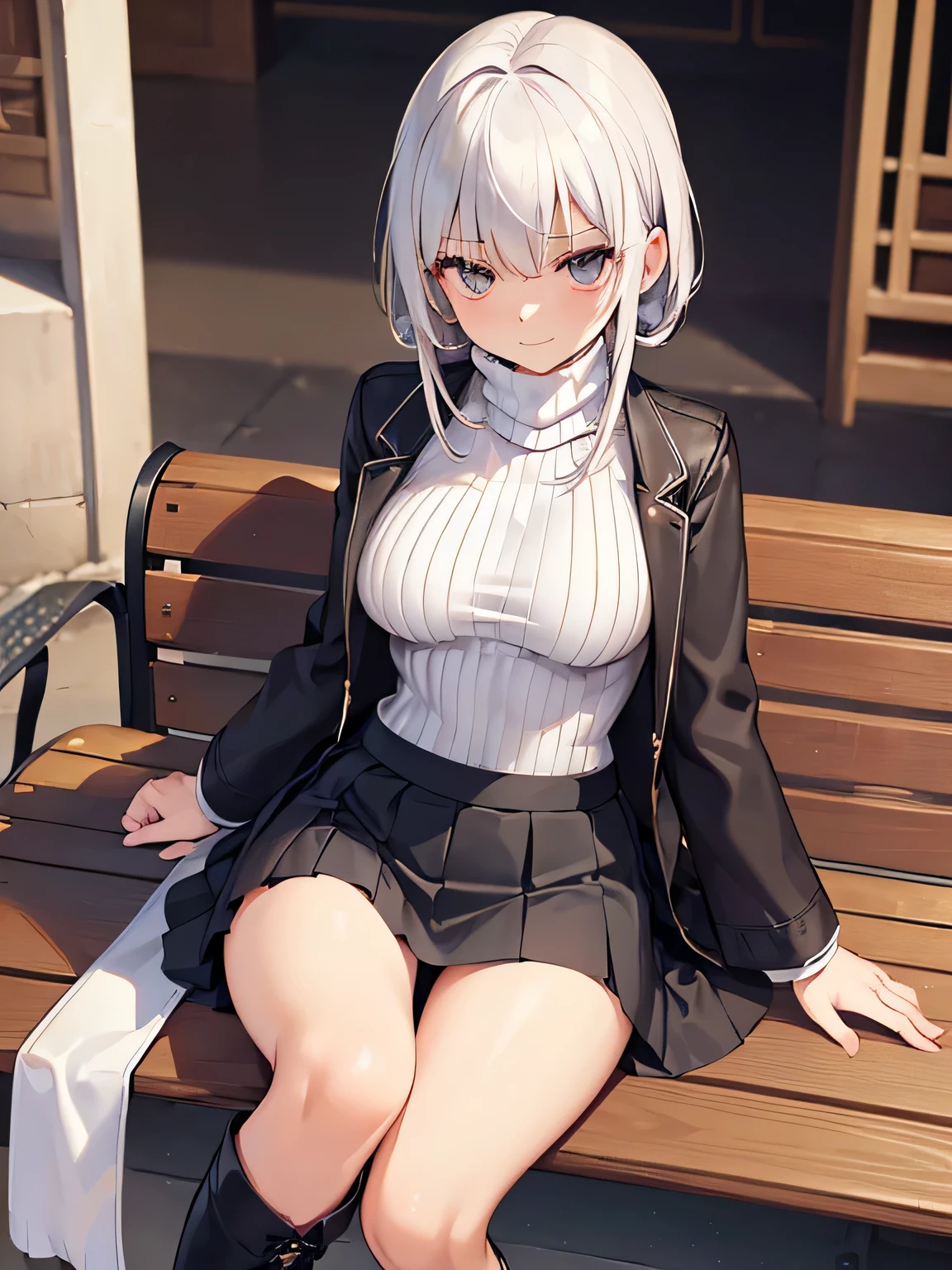 (Prohibition of leg raising:1.8)、(No lifting of one leg:1.8)、(Knee high boots prohibited:1.8)、(Knee high socks prohibited:1.8)、(Pleated skirts are not allowed:1.8)、
(1) there is one woman、
(2) (A woman sits with her legs closed and her knees pressed together:1.5), (Please make sure that the pants are visible above the thighs..:1.5)、(both feet are on the ground:1.5)、
(3) (The woman wears a white long-sleeved turtleneck knit:1.5)、(The skirt is a tight miniskirt.:1.8)、(She wears long, slim black boots.:1.5)、
(4) The pants are red and have a flashy pattern..、
(5) woman has short brown hair, shining eyes, A provocative grin,
(6) (The location is a bench in a shopping mall..:1.5),
(7) highest quality, High resolution, realistic pictures, realistic skin,