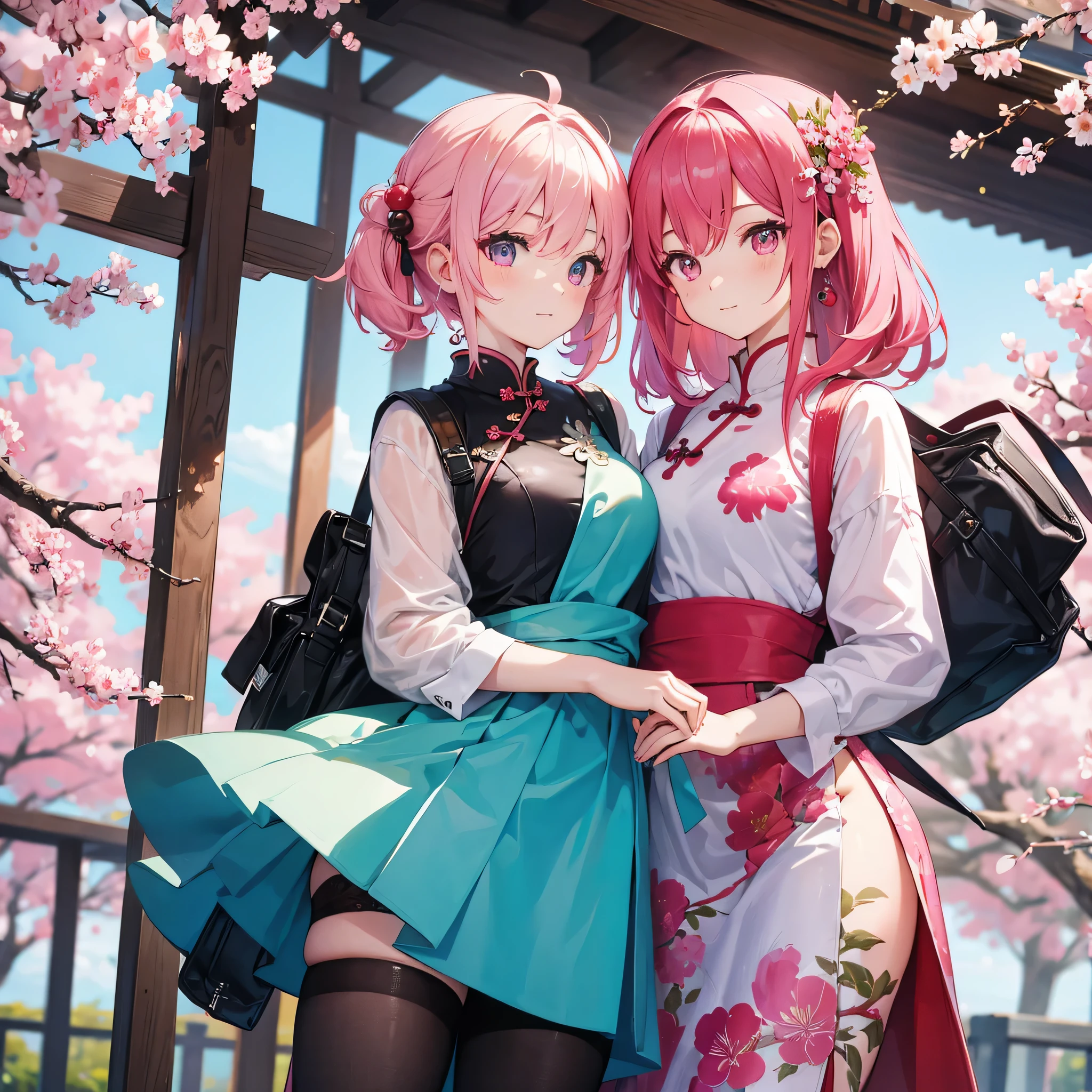 Two Chinese beauties，pink hair，Cherry blossoms，pink shades，exposed，Wear cheongsam，beautiful figure