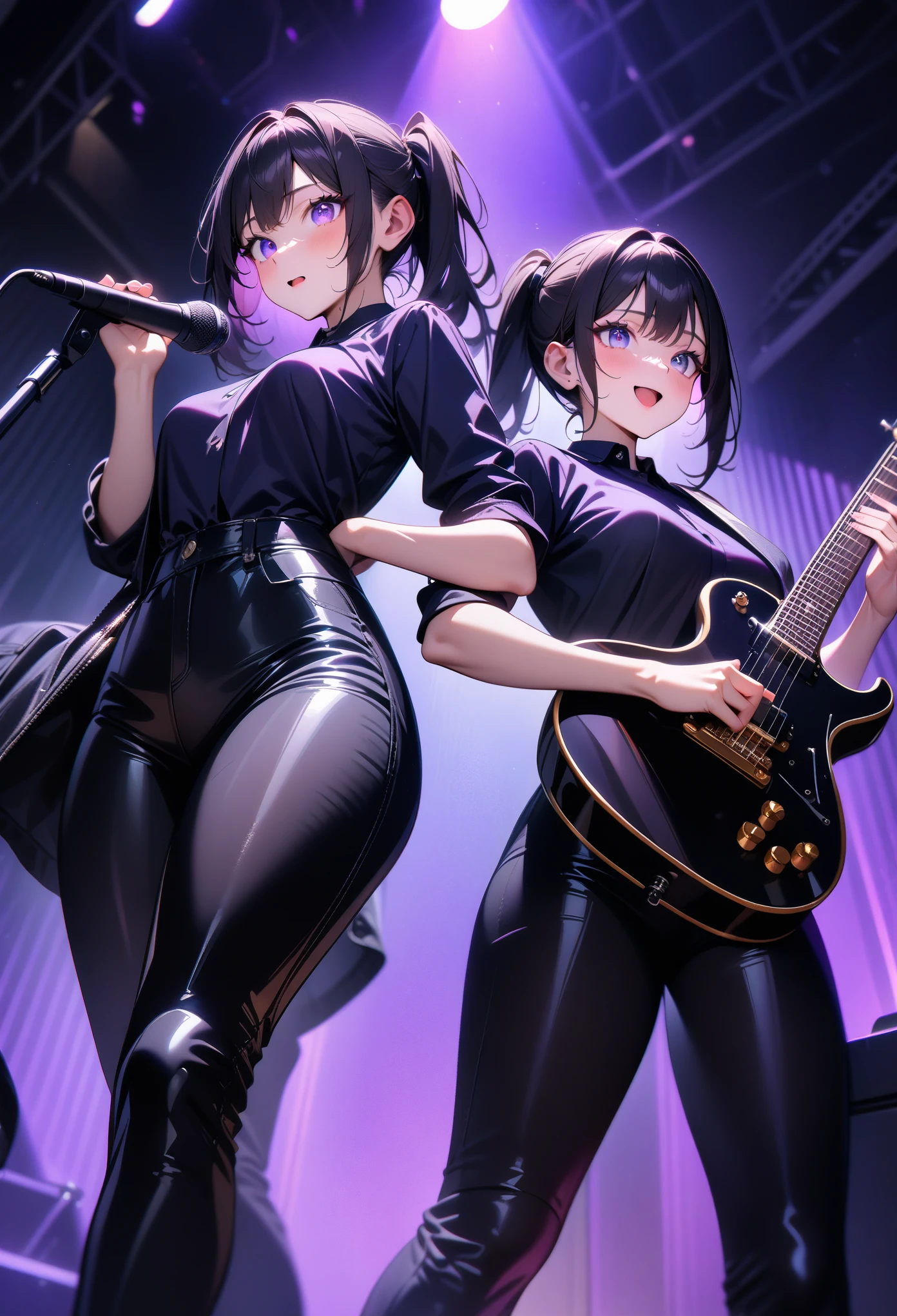 nsfw,(super fine illustration,8K CG wallpaper,best quality,extremely detailed,ultra high res,best aesthetic),(cowboy shot,from front),idolmaster, {{{haruna Kamijo}}}, (20yo, beautiful girl), (beautiful brown eyes),((((beautiful black hair)))), ((short hair)), (((bule rim glasses))), (wet hair), (wet skin), ((sweat)), ((steam)), (flat chests,midium breasts), (tall), (slender), (((bule cyber suit))), ((((see-through))),((open clothes)), ((pubic black hair:1.5)), ((((on the stage)))), ((((spread legs)))),((spread pussy:1.5)),(open mouths), (a big smile), ((stick out tongue)),(feel good), (one eye closed),((arms behind the back)),((((headset)))),(bukkake, cum on body:1.5),(bukkake, cum on face:1.1),((bukkake, cum on hair:1.2),(ecstacy),((((sex,back,pov)))),solo focus, crowd,