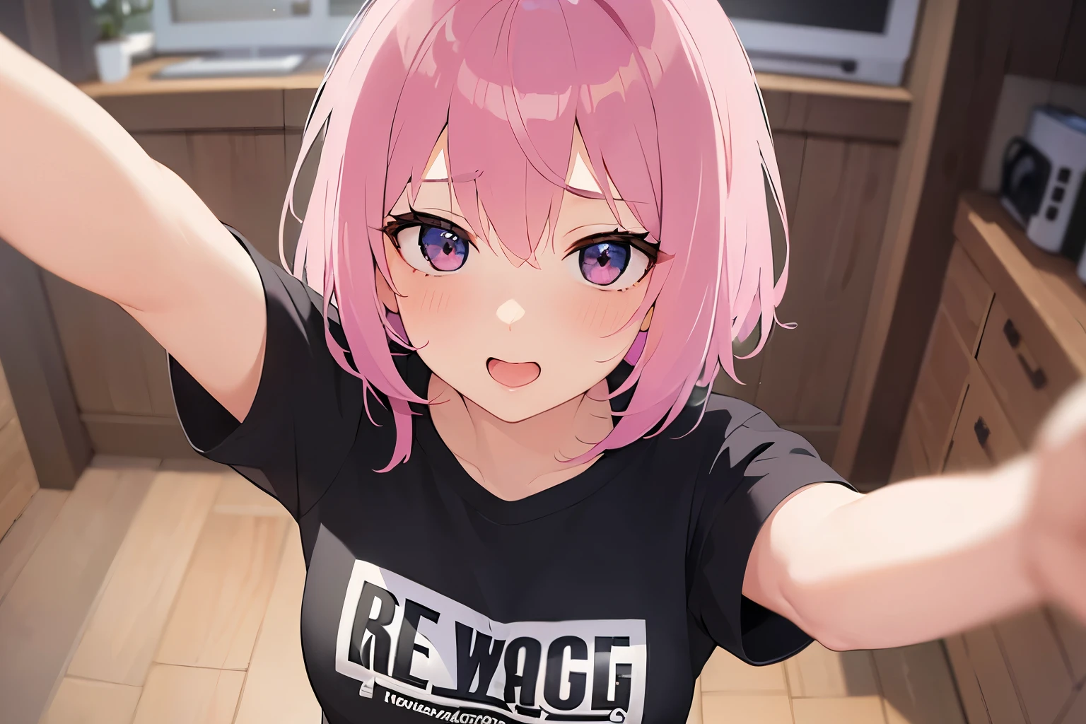 shooting from above、selfie, (outstretched arms:1.3), Upper body is shown、Realistic, real person, RAW photo, photorealistic, portrait photography, shiny skin, japanese idol、pink hair、bob cut hair with bangs、20 year old woman with pink eyes、smile, open mouth, Alone、(black:1.2) and (T-shirt) and (over size), The background is the living room、Are standing