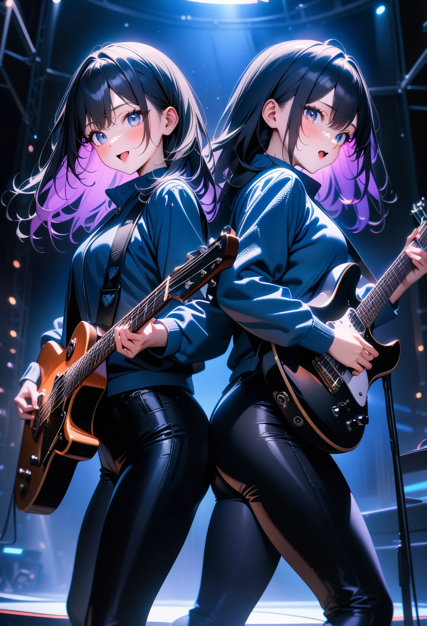 2girls, (back-to-back), playing electric guitar, jacket, tight pants, excited, flexible, cute eyes, black lighting, music stage, blue light, masterpiece, best quality, very aesthetic, newest, safe, absurdres, intricate details, exquisite textures, ultra realistic illustration, (ai-generated:0.6)