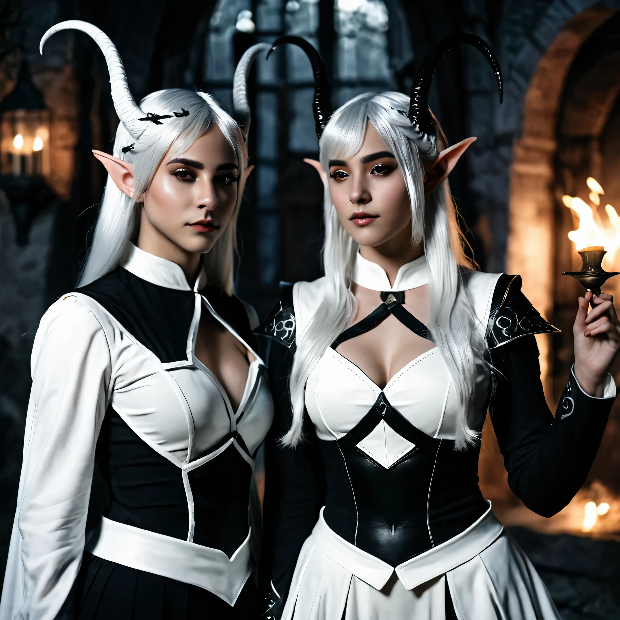 Dark Elf, 2girl ,black clothes,white clothes, black hair, white hair, Horn, cinematic lighting