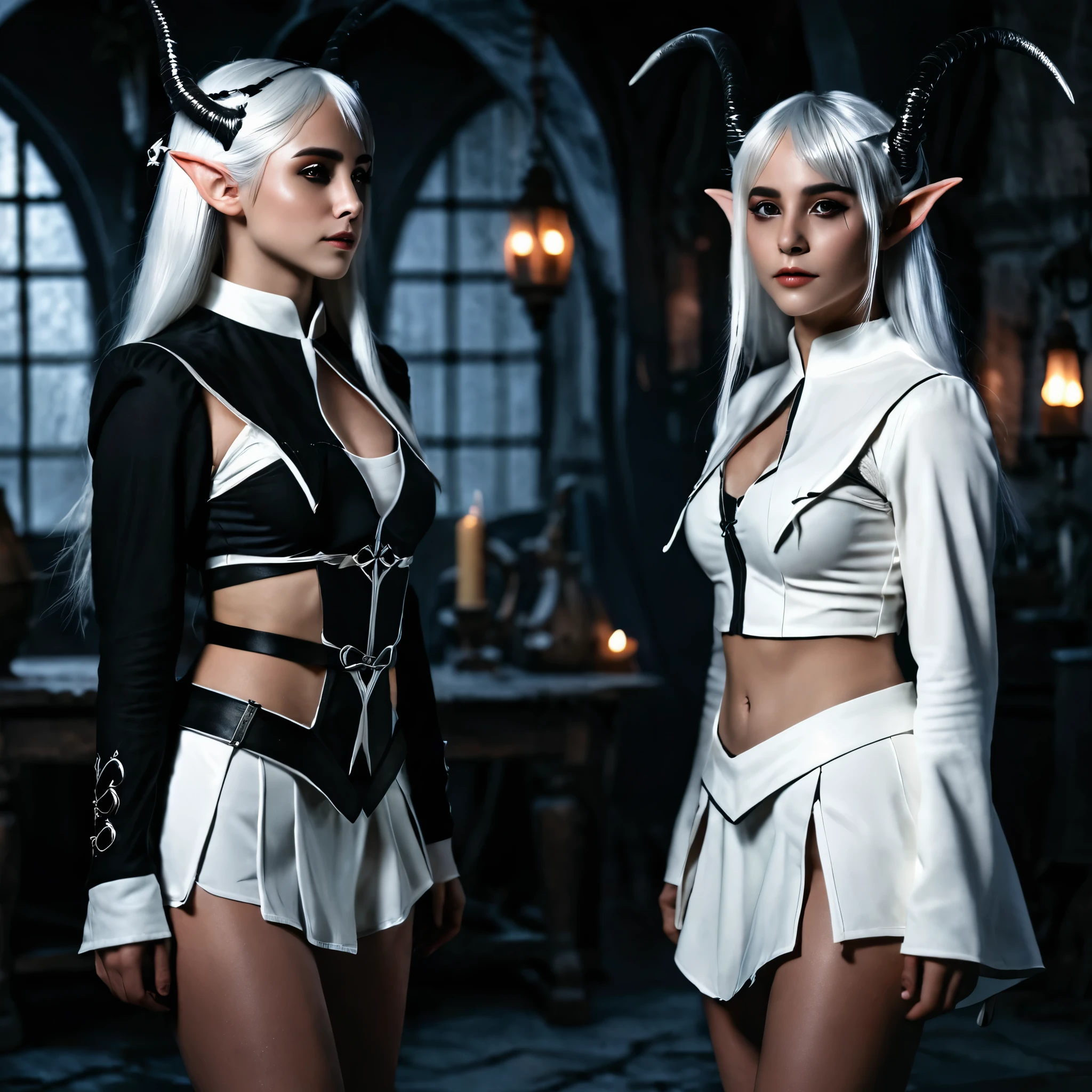 Dark Elf, 2girl ,black clothes,white clothes, black hair, white hair, Horn, cinematic lighting