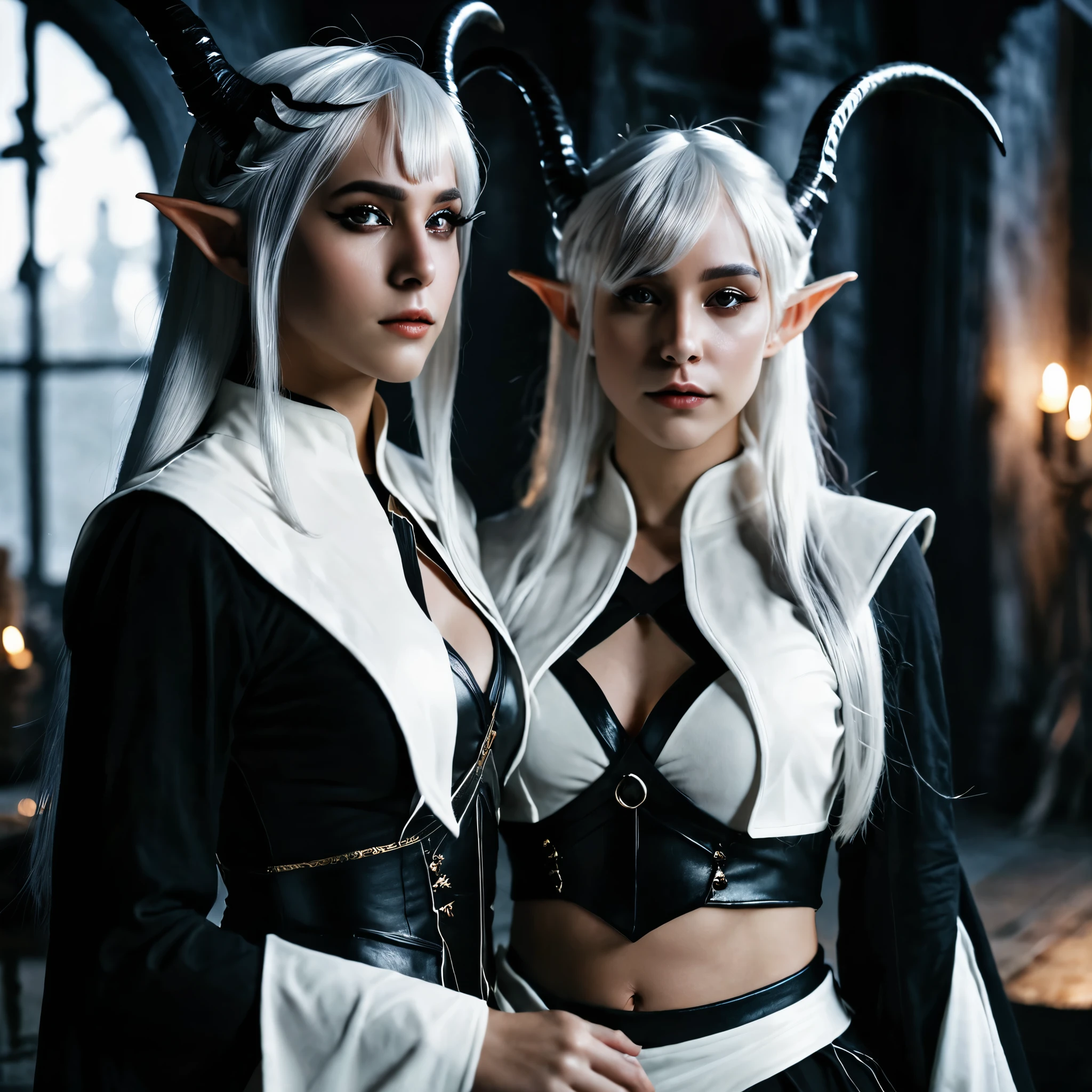 Dark Elf, 2girl ,black clothes,white clothes, black hair, white hair, Horn, cinematic lighting