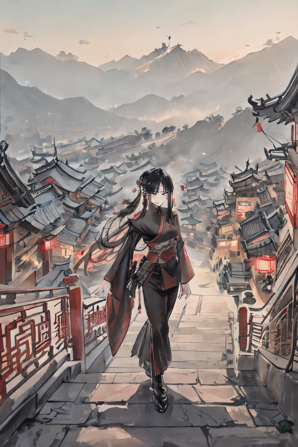 female immortal chinese immortal，Expression of extreme contempt for looking down，The background is a modern metropolis，The background is a modern small county town in China，Modern building