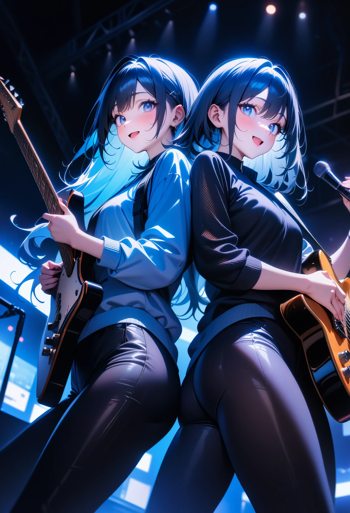 2girls, (back-to-back), playing electric guitar, jacket, tight pants, excited, flexible, cute eyes, from below, black lighting, music stage, blue light, masterpiece, best quality, very aesthetic, newest, safe, absurdres, intricate details, exquisite textures, ultra realistic illustration, (ai-generated:0.6)