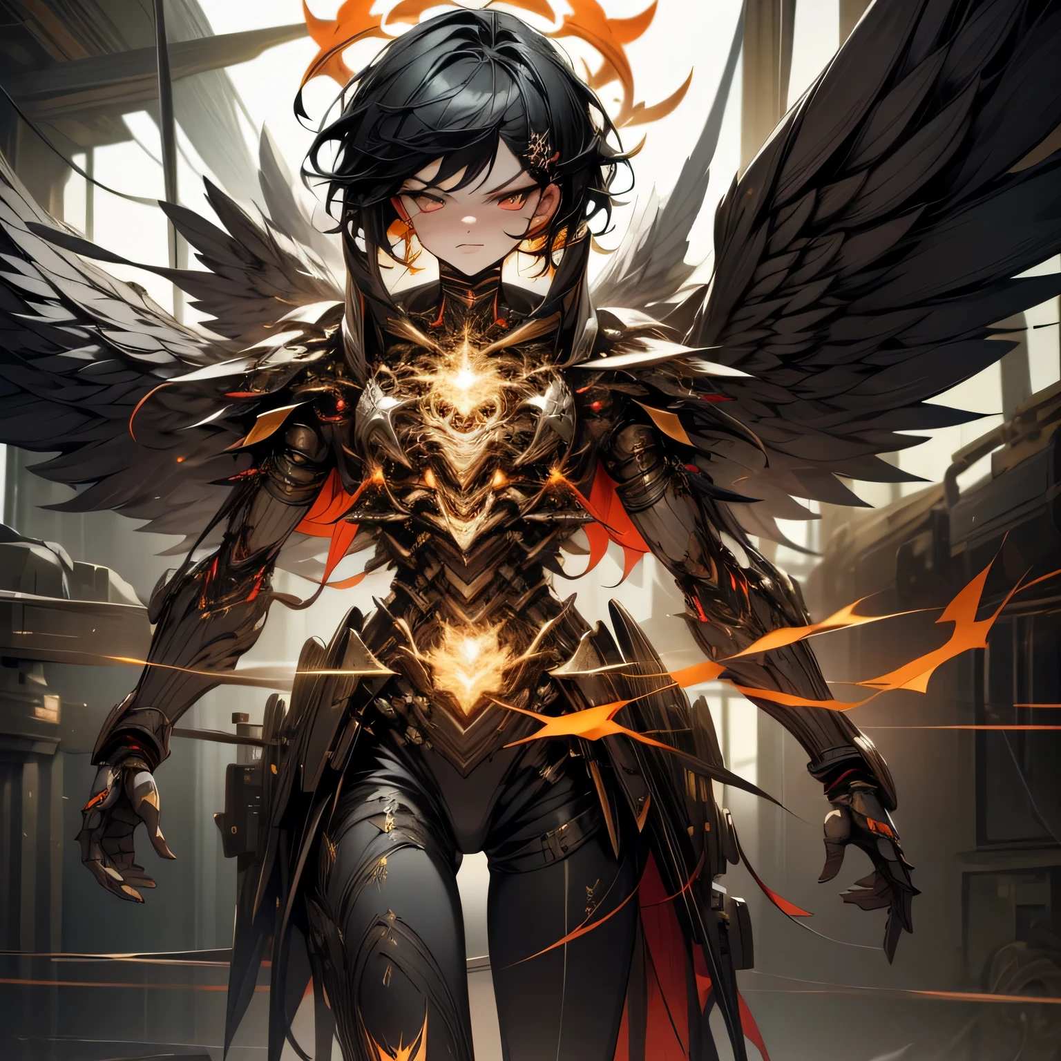 Fallen Angel,male people,ember,Short black hair, mask, large black wings on the back,cool expression,Glaring,Holding a large sword with flame effect in his left hand,Black Armor,full body Esbian,Bold poses,high-level image quality,hight resolution,8K,Fantasia,piercings,Plenty of detail,Final Quality,Fractal Art,​masterpiece,realisitic,