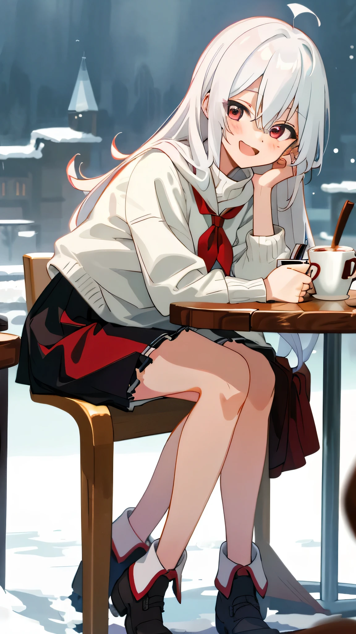 bestquality, Very detailed, Anime images,Full body like,detailed background,(sit at the table) , coffee , hand was on the table,holding a coffee glass character focus,full body,  , front ,close to viewer, smile , open mouth,blush front view, Snow falling background at night, anime, 1girls, young girl, girl with long hair, White Hair, Red eyes, Wear a soft white sweater., red neckerchief, Black miniskirt, Sitting and take a cup of coffe