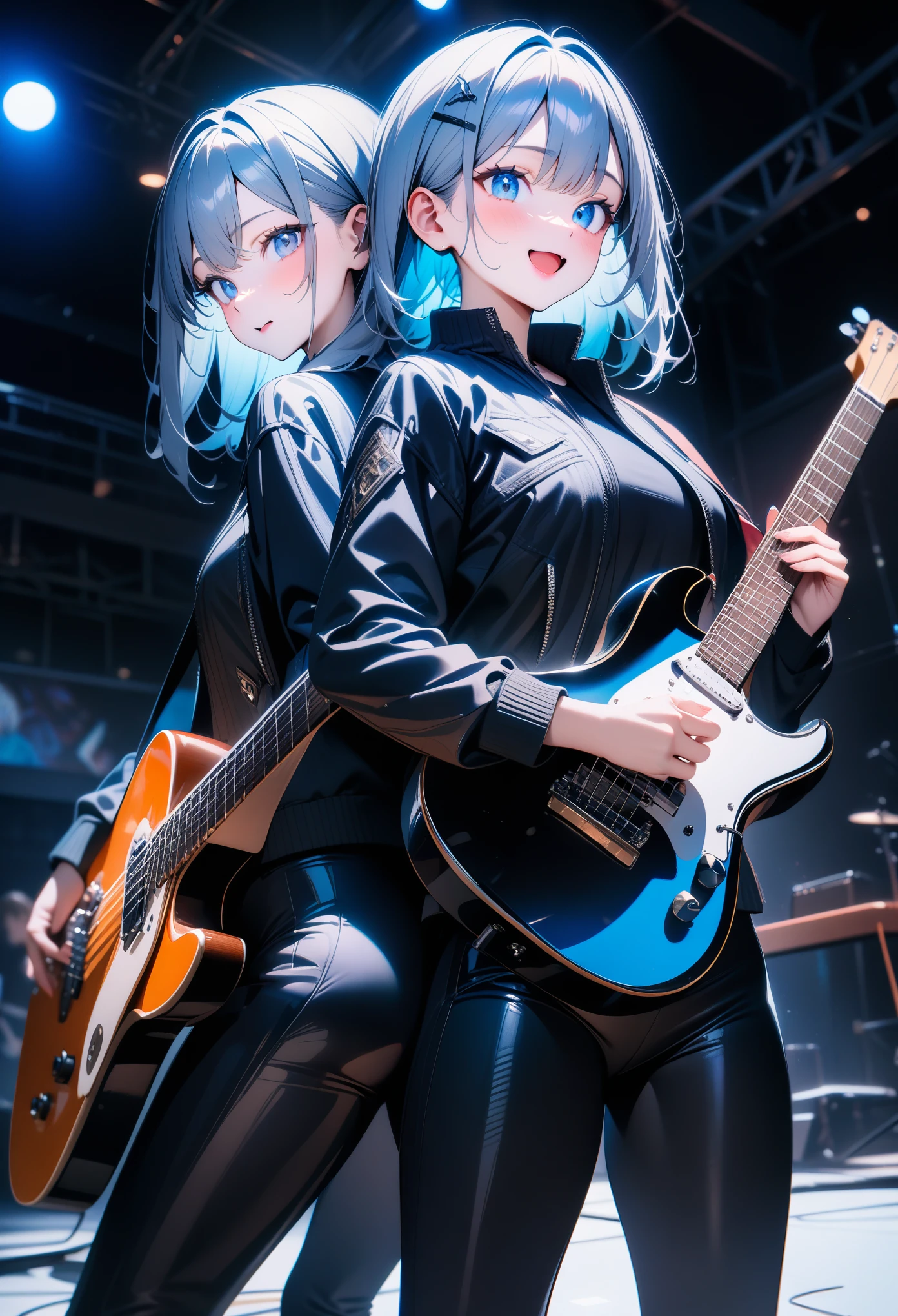 2girls, (back-to-back), playing electric guitar, jacket, tight pants, excited, flexible, cute eyes, black lighting, music stage, blue light, masterpiece, best quality, very aesthetic, newest, safe, absurdres, intricate details, exquisite textures, ultra realistic illustration, (ai-generated:0.6)