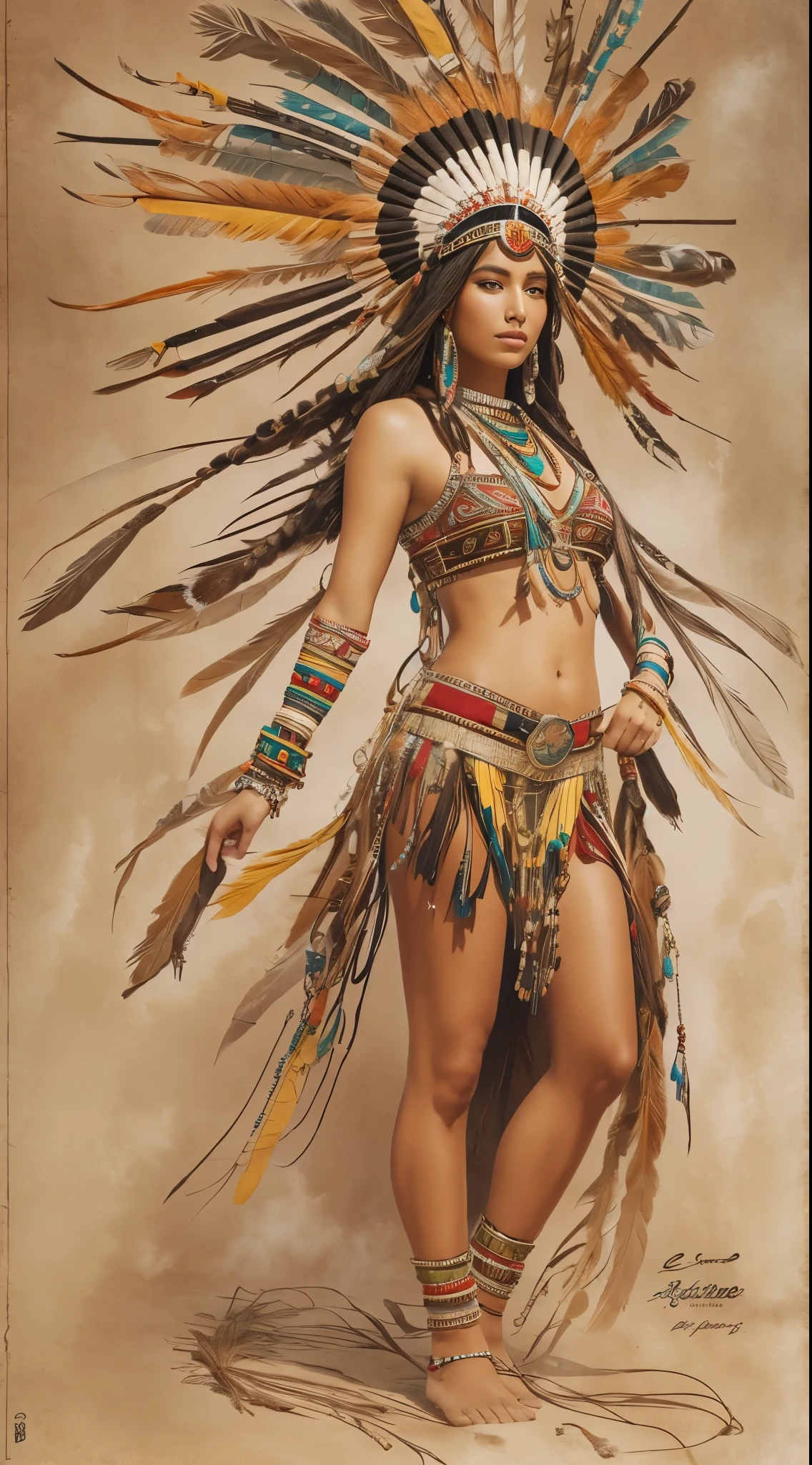 Native American beauty in dance poses, luxurious leather ponchos embroidered with intricate embroidery, flowing tulle, feather hair ornaments, war bonnet, tattoo, brown skin, Indian jewelry, Native American pattern, transparent and long colorful ubert on arms, navel ribbons, shoulders, necks, arm ring ribbons, wreaths, bracelets, anklets, Metal chain tassel around waist, sun god background, ink wash, popular CGSTATION, masterpiece, recent quality, high resolution details, 32K