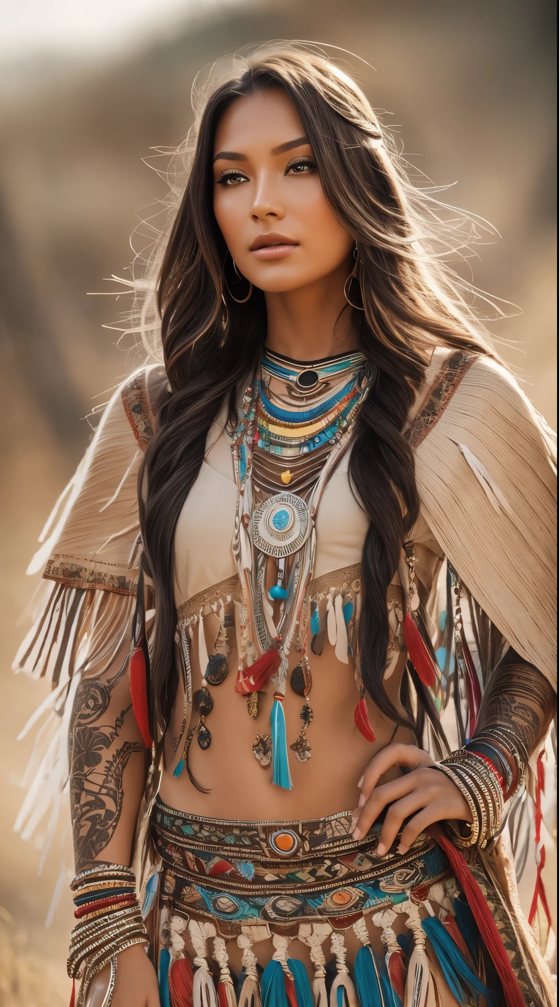 Native American beauty in dance poses, luxurious leather ponchos embroidered with intricate embroidery, flowing tulle, feather hair ornaments, war bonnet, tattoo, brown skin, Indian jewelry, Native American pattern, transparent and long colorful ubert on arms, navel ribbons, shoulders, necks, arm ring ribbons, wreaths, bracelets, anklets, Metal chain tassel around waist, sun god background, ink wash, popular CGSTATION, masterpiece, recent quality, high resolution details, 32K