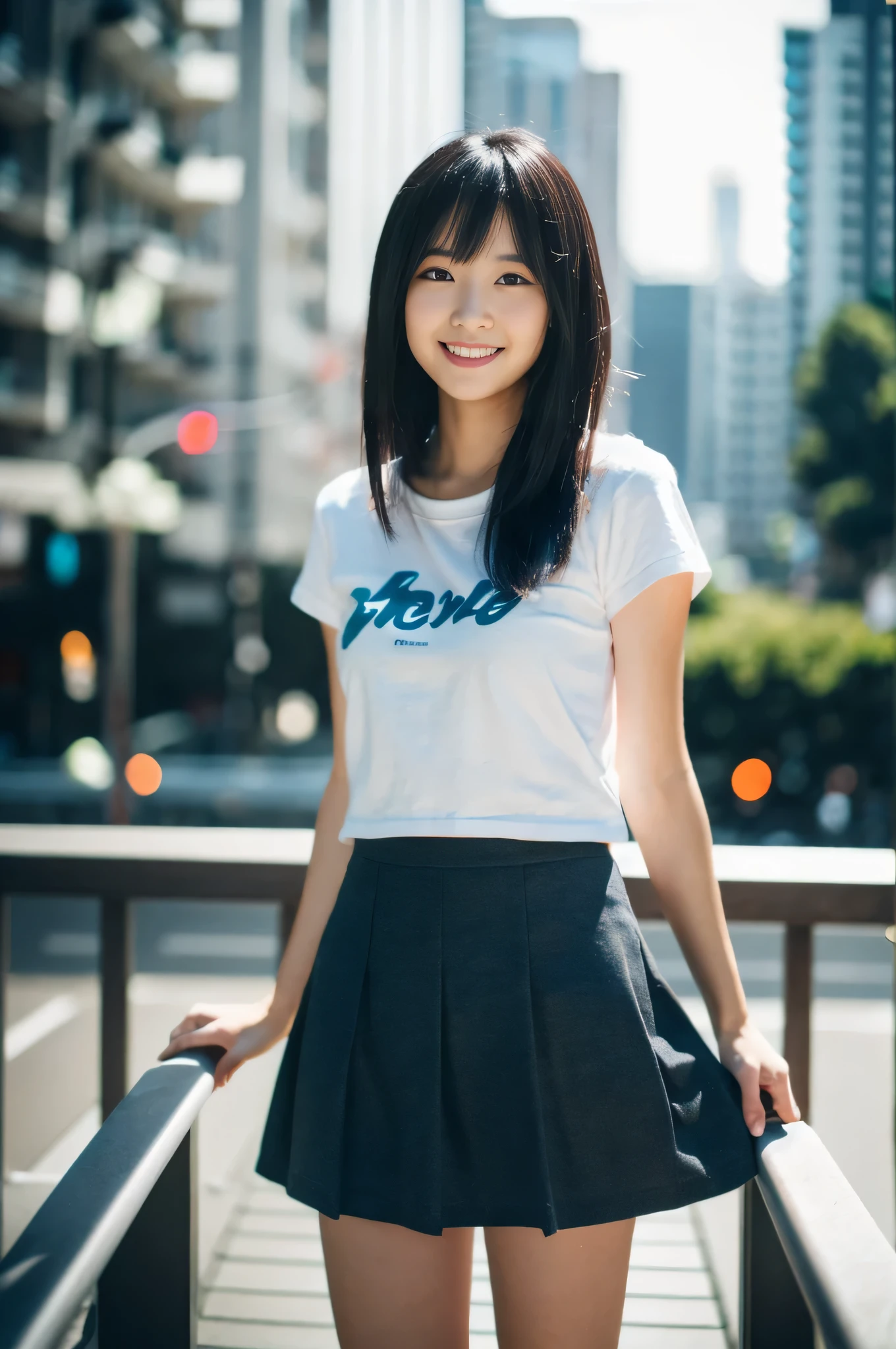 highest quality,masterpiece,32k,Depth of the bounds written、blur background、135mm,F1.4,professional lighting,cinematic lighting,full body,thin,きれいなDay本人女性,25 year old girl,Are standing,city,Wind,Day,shoulder length hair,black hair,Wet,Tシャツmini skirt,smile,