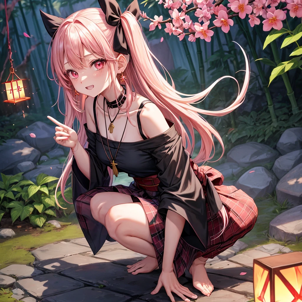 pink black blonde、red eyes、one good looking girl、solo、anime、plaid mini skirt、black camisole、black t-shirt、kimono、wearing a ribbon、ribbon at waist、stone slabs are piled up、crystal earrings、jewelry necklace、Light and shadow、walking、clock、universe、vine plant、petal、tilting one&#39;s face、teeth are visible、fire spirit、book of magic、Cube、bamboo forest、lava、Plum blossom、squatting down